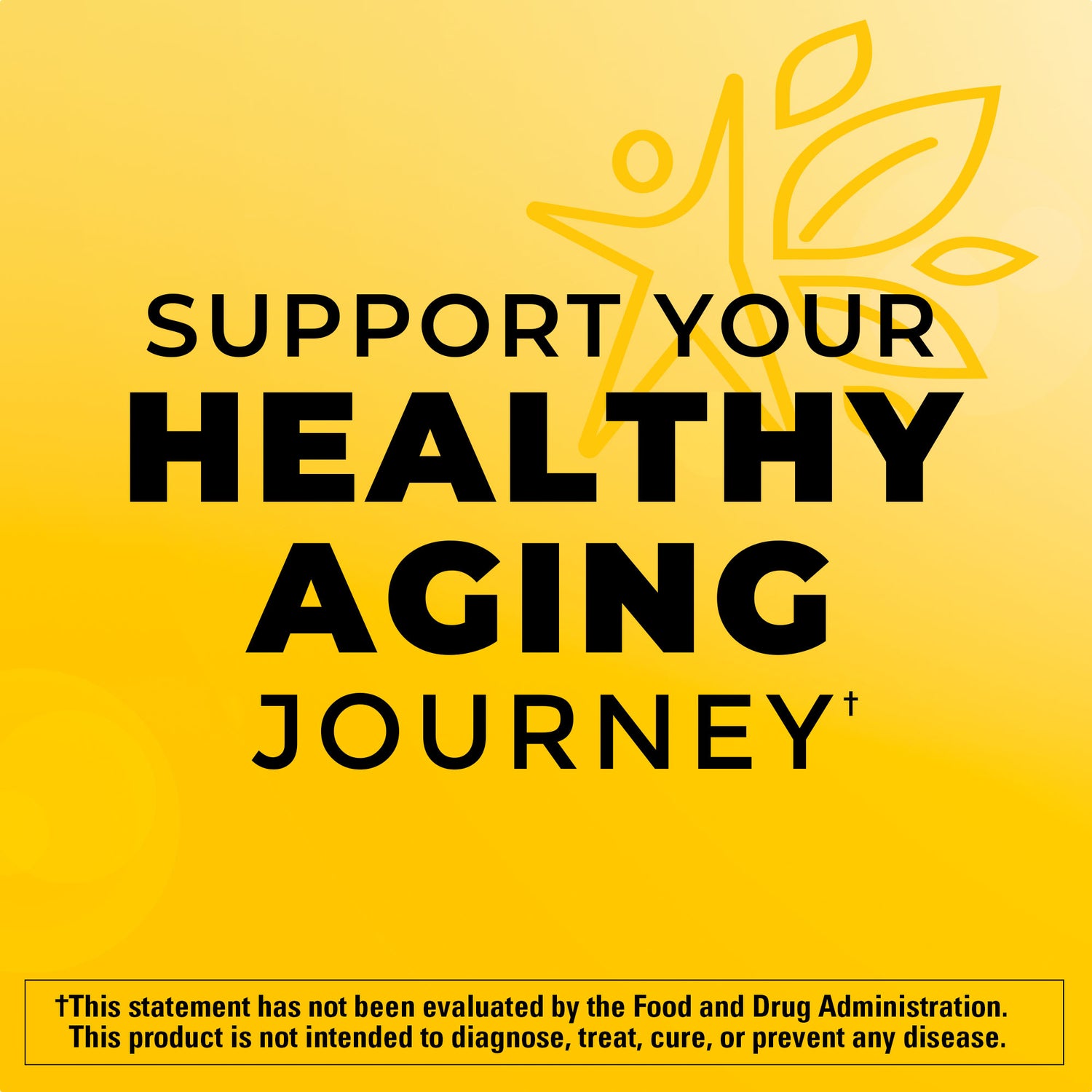 Extra Strength Omega-3†† From Fish Oil Softgels 2800 mg | Yellow graphic with the text ‘Support your healthy aging journey’ and an outline of a person with leaves.