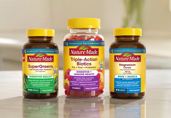 Nature Made Super Greens, Triple Action Biotics gummies, and Magnesium Citrate supplements lineup for digestive and bone support