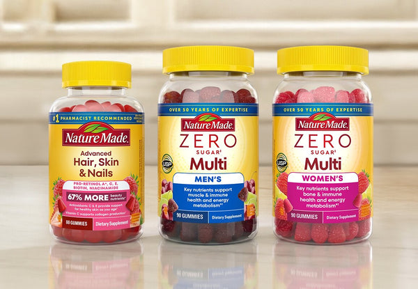 Nature Made gummies collection featuring Hair Skin Nails, Zero Sugar Men’s Multi, and Women’s Multi vitamins