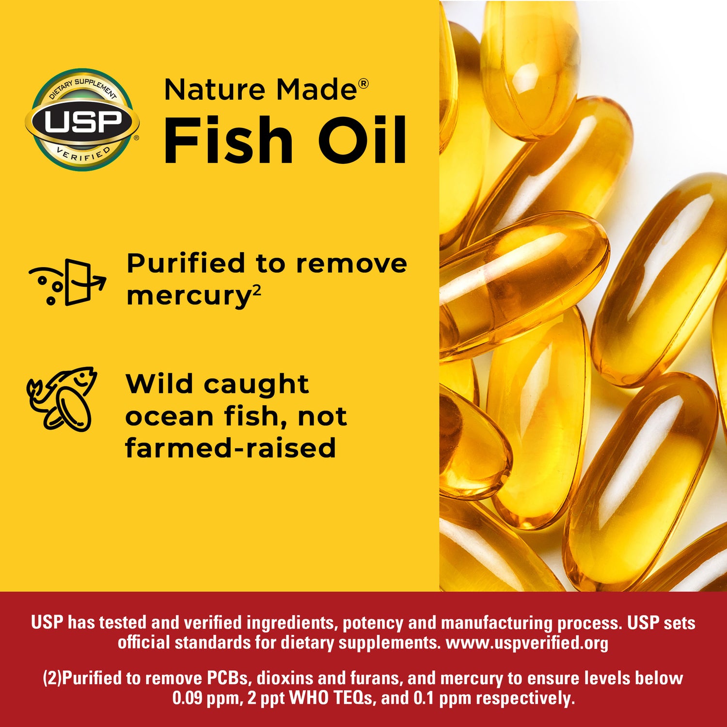 Extra Strength Omega-3†† From Fish Oil Softgels 2800 mg | Yellow Nature Made Fish Oil graphic showing softgel capsules with benefits like purified to remove mercury and wild‑caught ocean fish.
