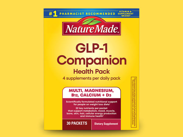 Nature Made GLP-1 Companion Health Pack box on a yellow background.