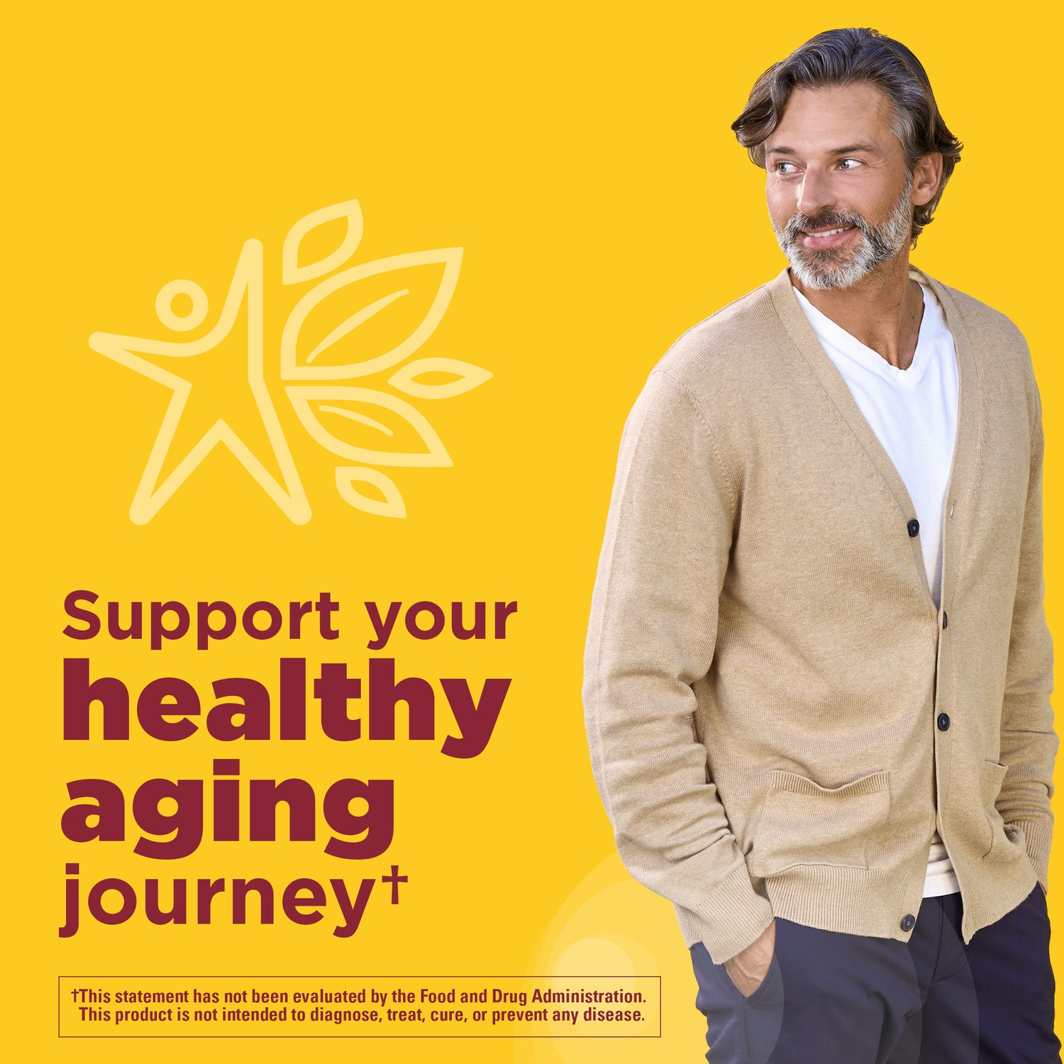 Melatonin 3 mg + Magnesium 100 mg Sleep and Relax Gummies | Man standing against a yellow background with text 'Support your healthy aging journey'.