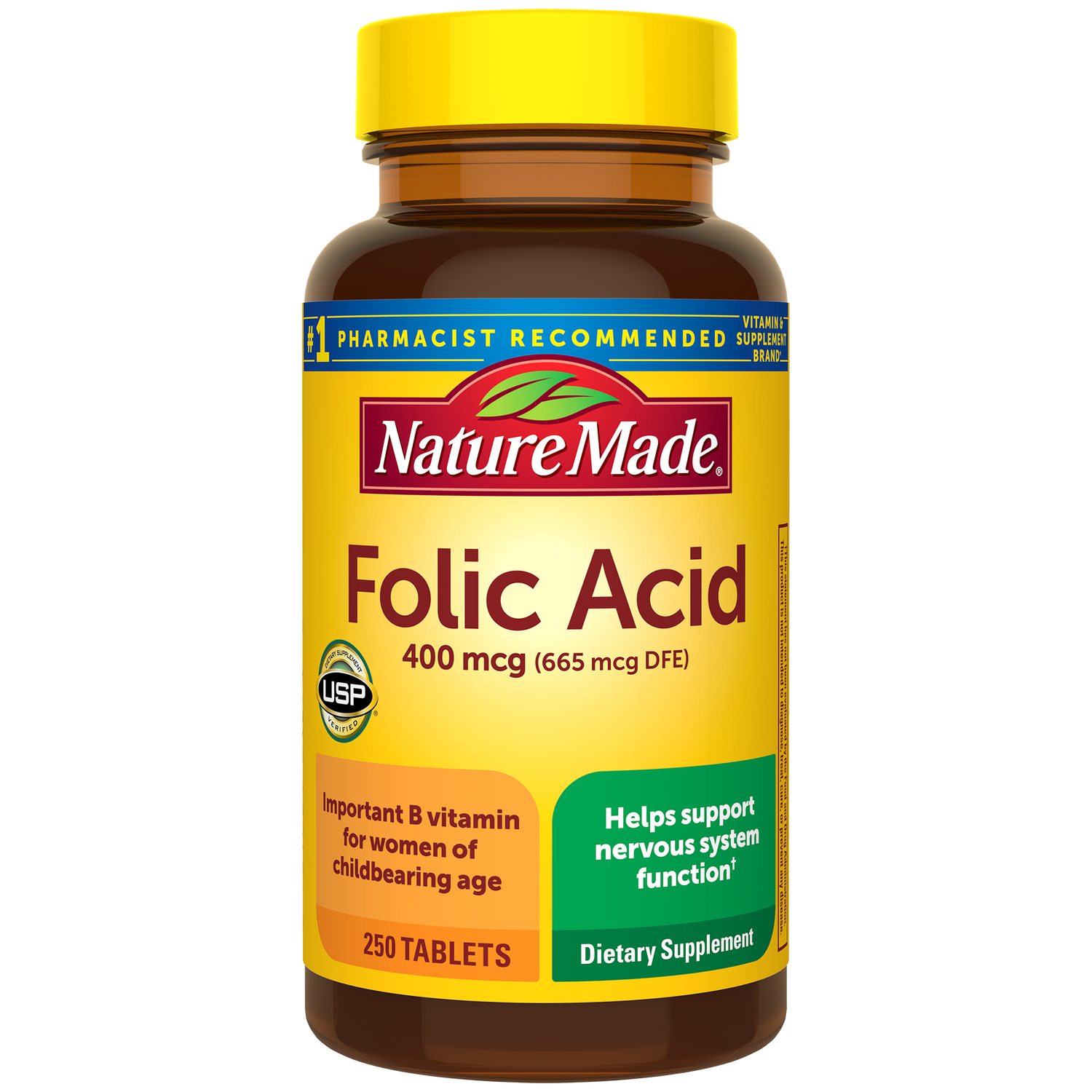 Folic Acid 400 mcg Tablets | Nature Made Folic Acid supplement bottle on a white background