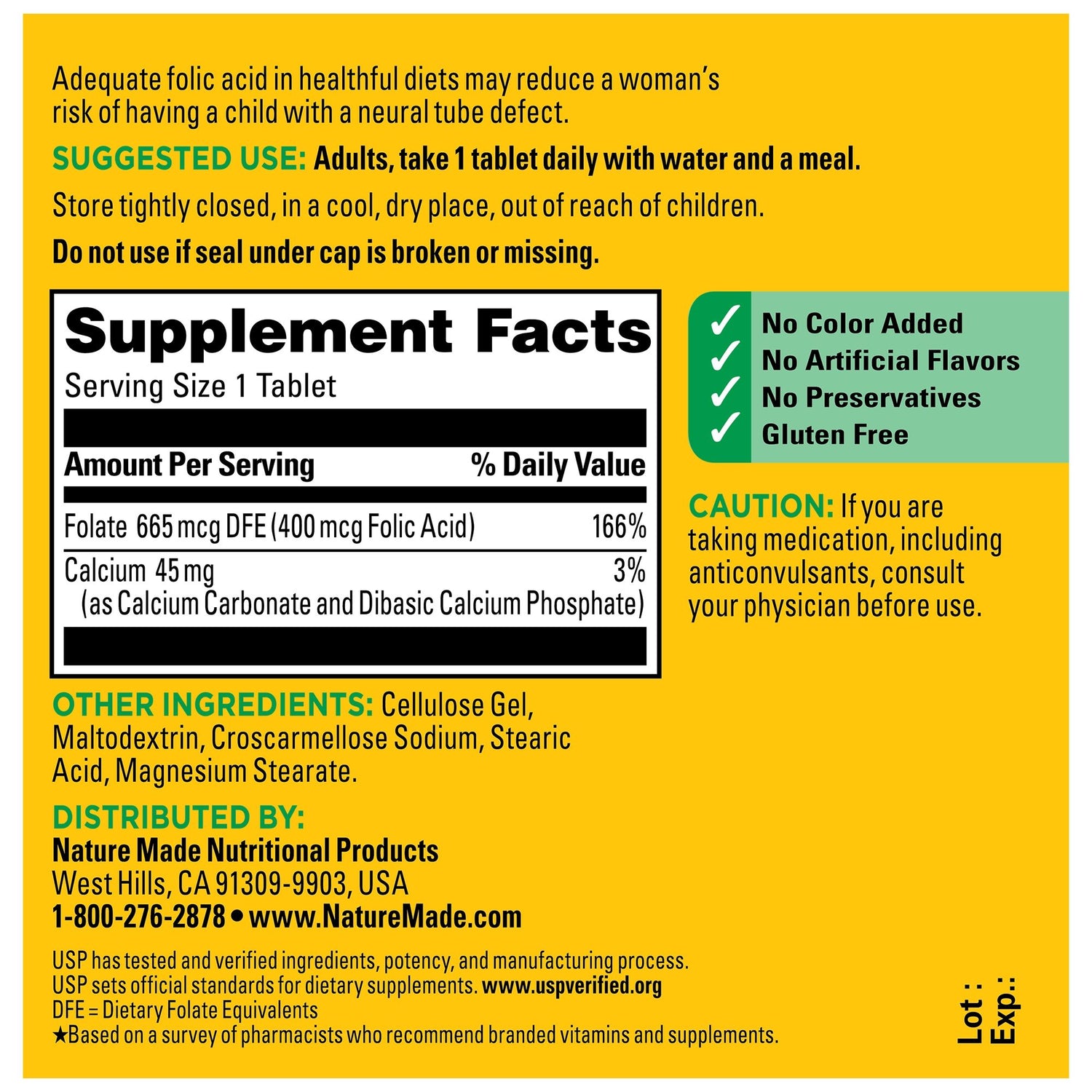 Folic Acid 400 mcg Tablets | Nature Made Folic Acid 400 mcg 250 tablets supplement label with detailed information on a yellow background.
