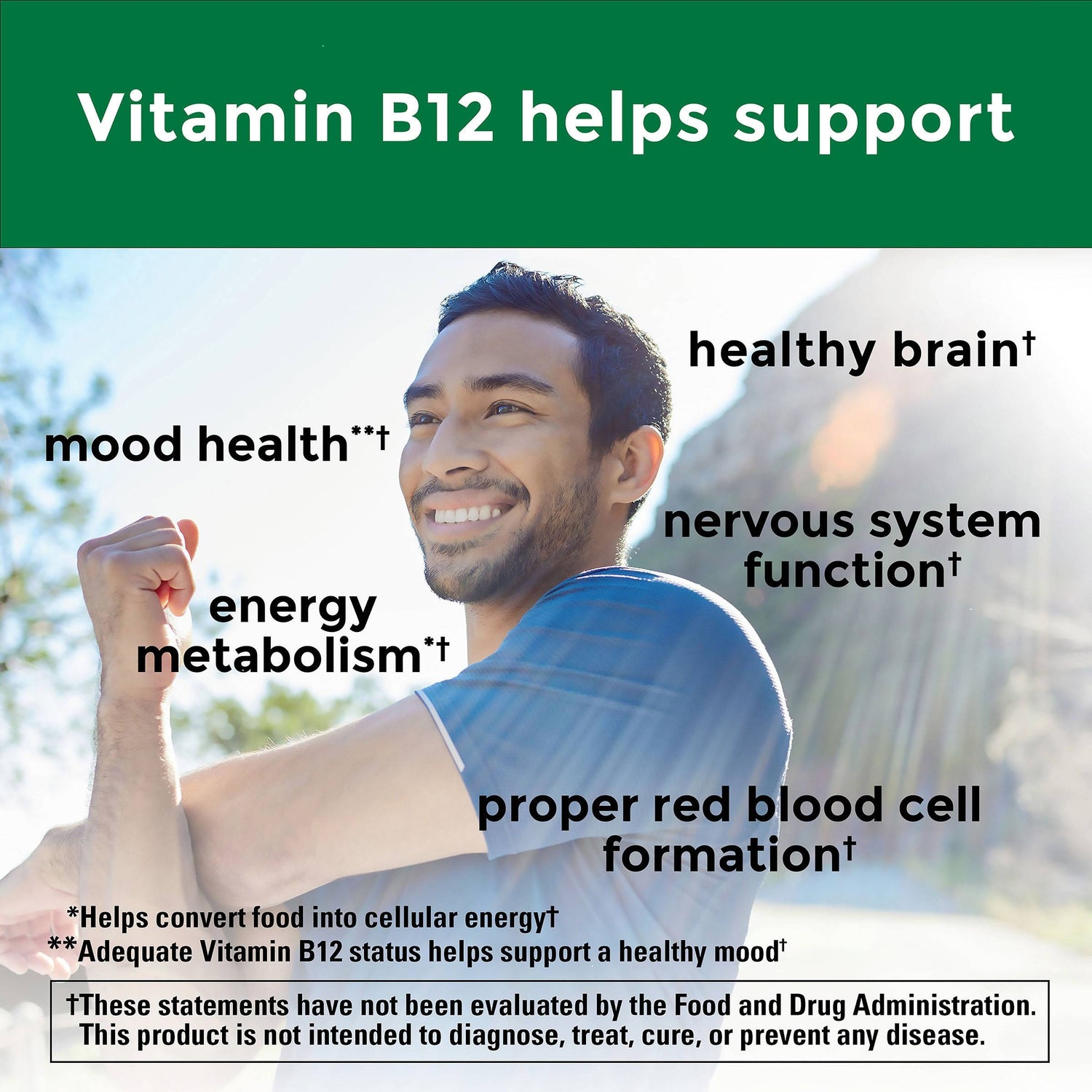 Vitamin B12 Maximum Strength 5000 mcg Softgels | Person outdoors with text about Vitamin B12 mood health, healthy brain, energy metabolism, nervous system function benefits on a green background