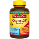 A bottle of Nature Made CholestOff Complete Softgels, with a yellow label, indicating it contains 120 softgels for dietary supplement.