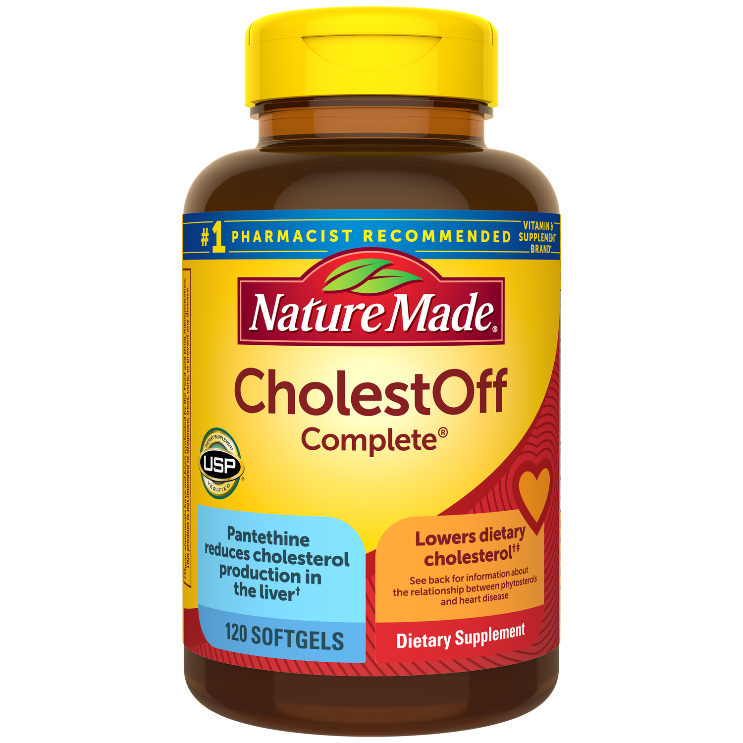 CholestOff Complete® Softgels | A bottle of Nature Made CholestOff Complete Softgels, with a yellow label, indicating it contains 120 softgels for dietary supplement.