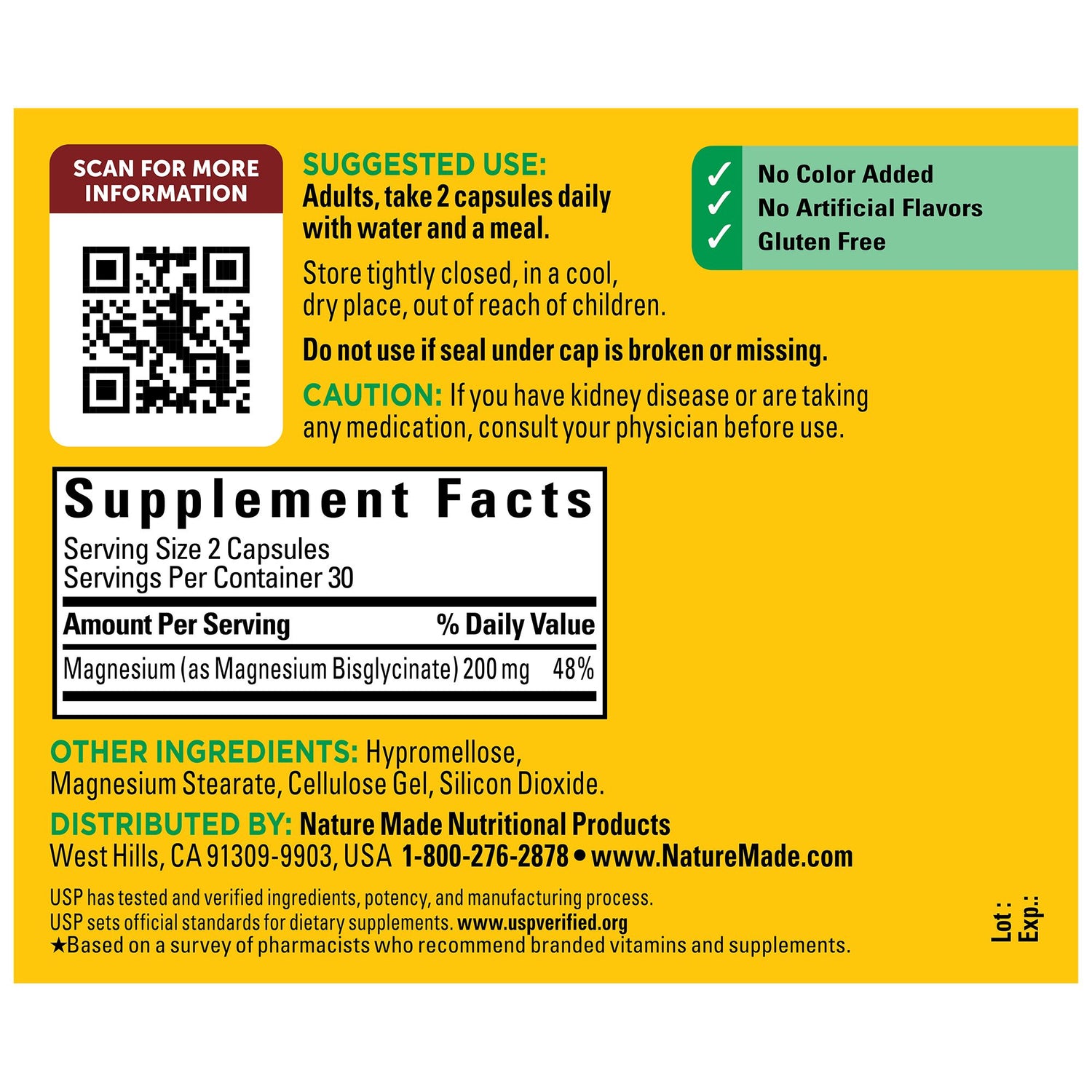 High Absorption Magnesium Glycinate Capsules 200 mg | High Absorption Magnesium Glycinate Capsules 200 mg supplement label with text and QR code on a yellow background