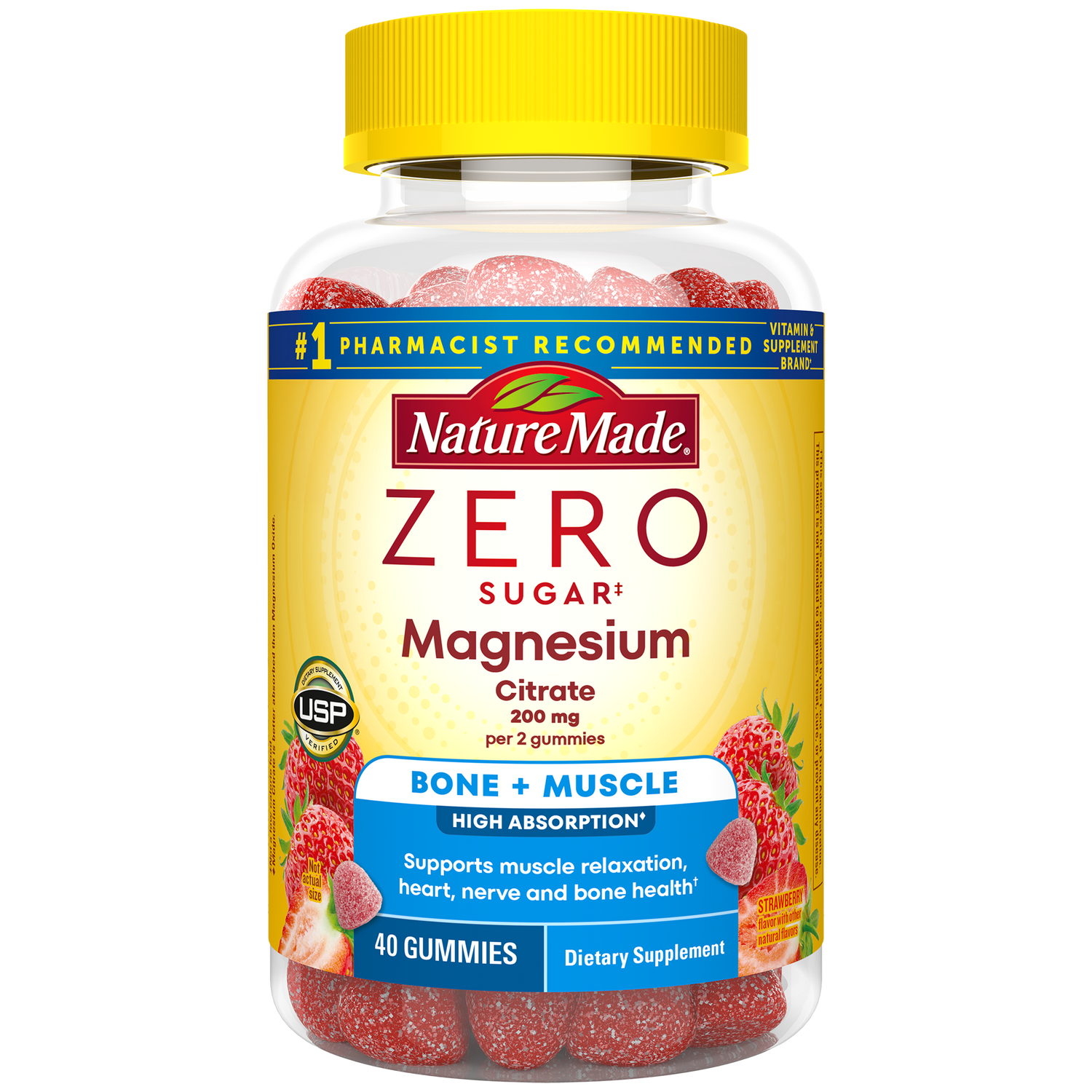 Zero Sugar‡ Magnesium Citrate Gummies 200 Mg Per Serving | Nature Made Zero Sugar Magnesium gummy supplement bottle.