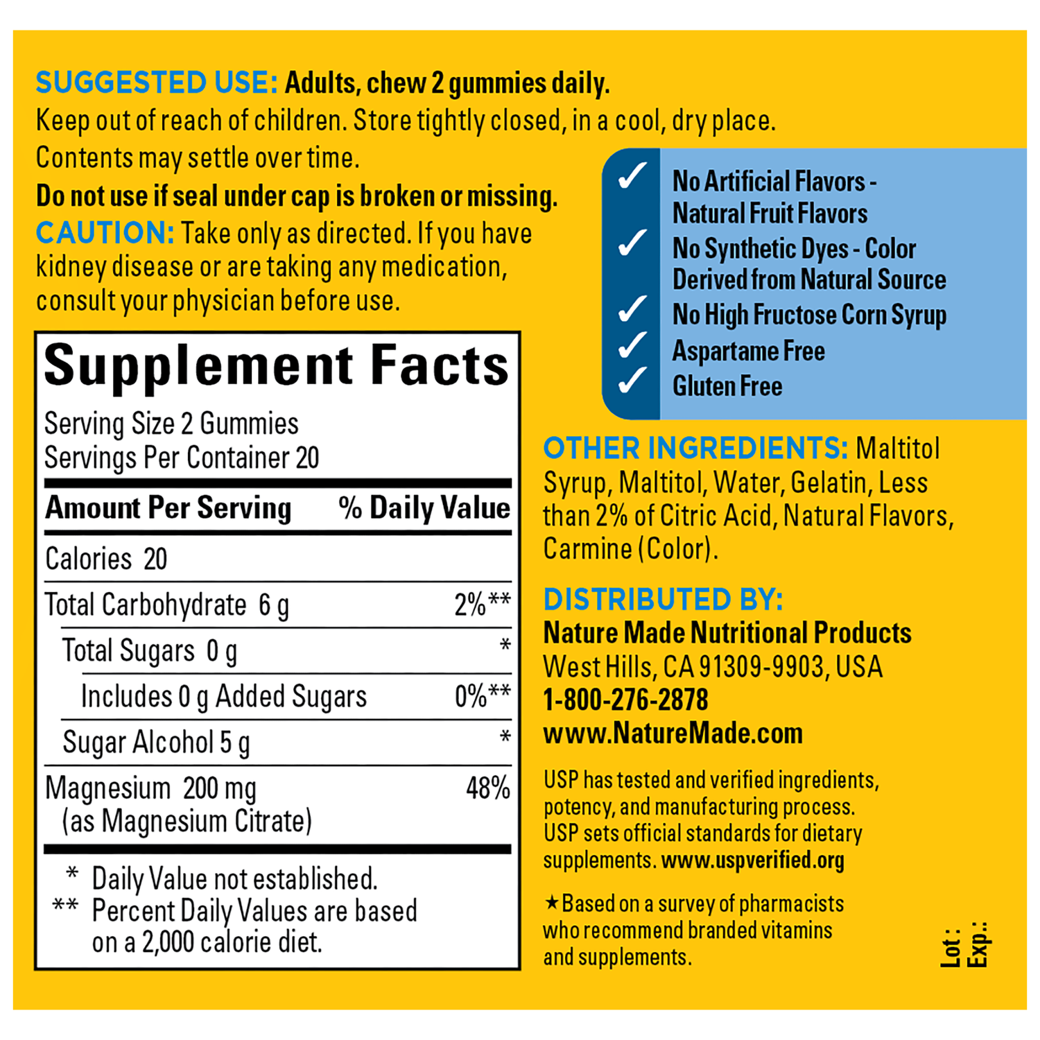 Zero Sugar‡ Magnesium Citrate Gummies 200 Mg Per Serving | Back label of Nature Made Zero Sugar Magnesium Citrate Gummies with Supplement Facts, directions, and ingredient list.