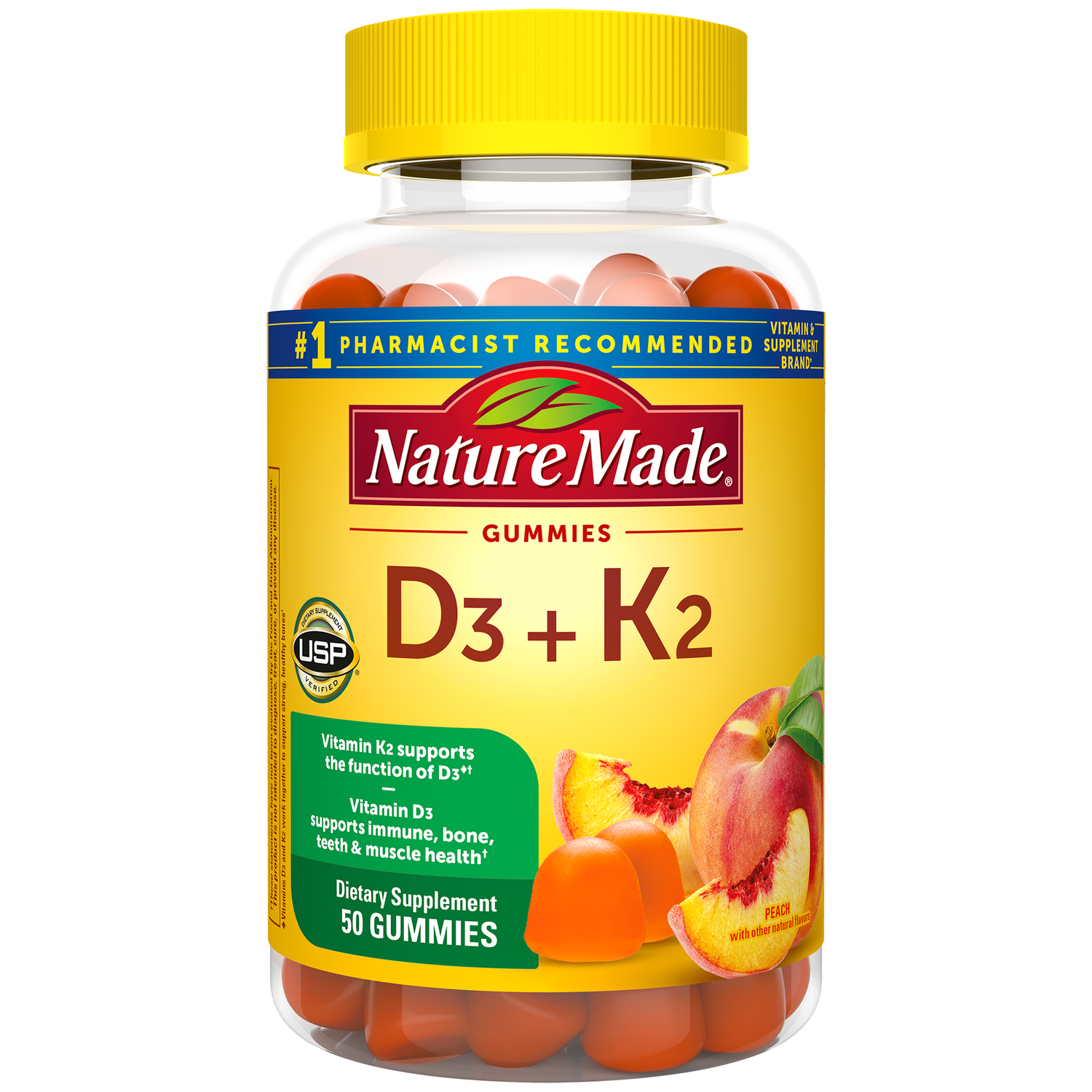 Vitamin D3 + K2 Gummies | Nature Made D3 + K2 gummy supplement bottle on a white background