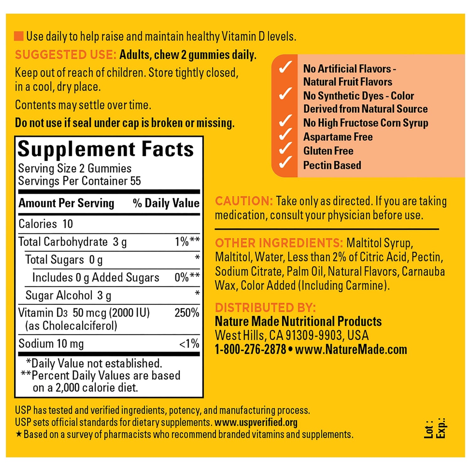 Zero Sugar Vitamin D3 Gummies | Nature Made Zero Sugar Vitamin D3 Gummies supplement facts and ingredient information panel