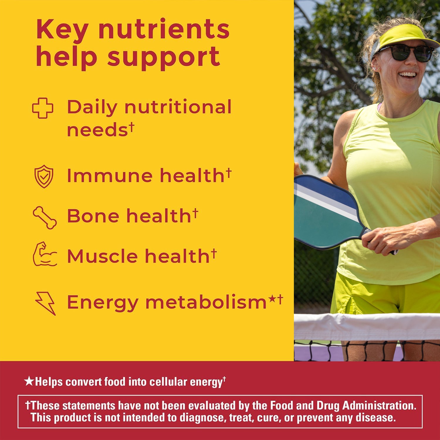 Zero Sugar‡ Multivitamin Gummies | Graphic showing a woman in green and text that reads key nutrients that support daily nutritional needs, immune health, bone health, muscle health, and energy metabolism on a yellow and red background.