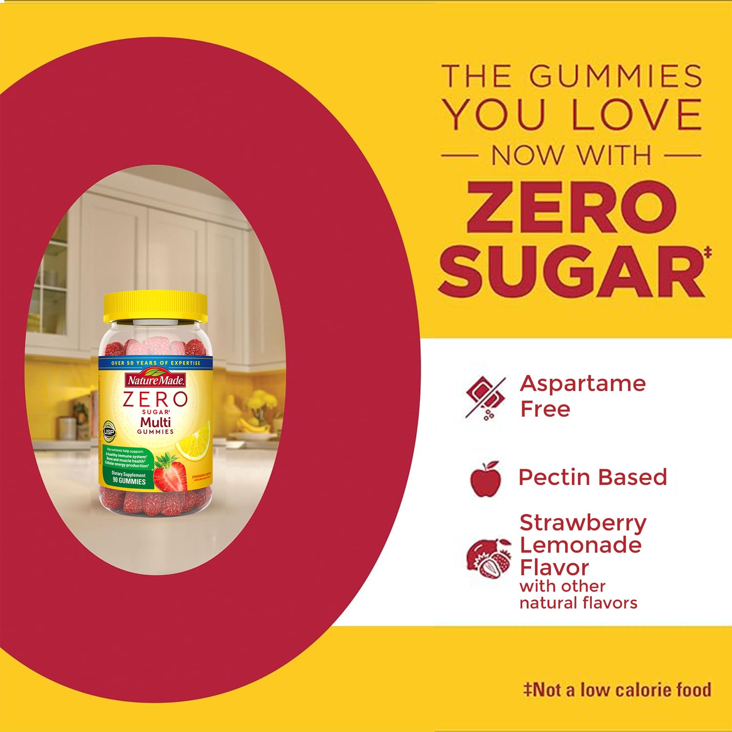 Zero Sugar‡ Multivitamin Gummies | Nature Made Zero Sugar Multi Gummies bottle on a yellow and red background with text highlighting aspartame-free, pectin-based, and strawberry lemonade flavor.
