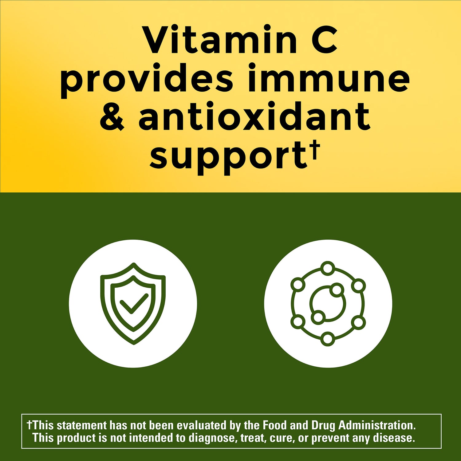 Cranberry Capsules 500 Mg With Vitamin C | Vitamin C benefits graphic showing immune and antioxidant support with shield and molecule icons on green and yellow background.