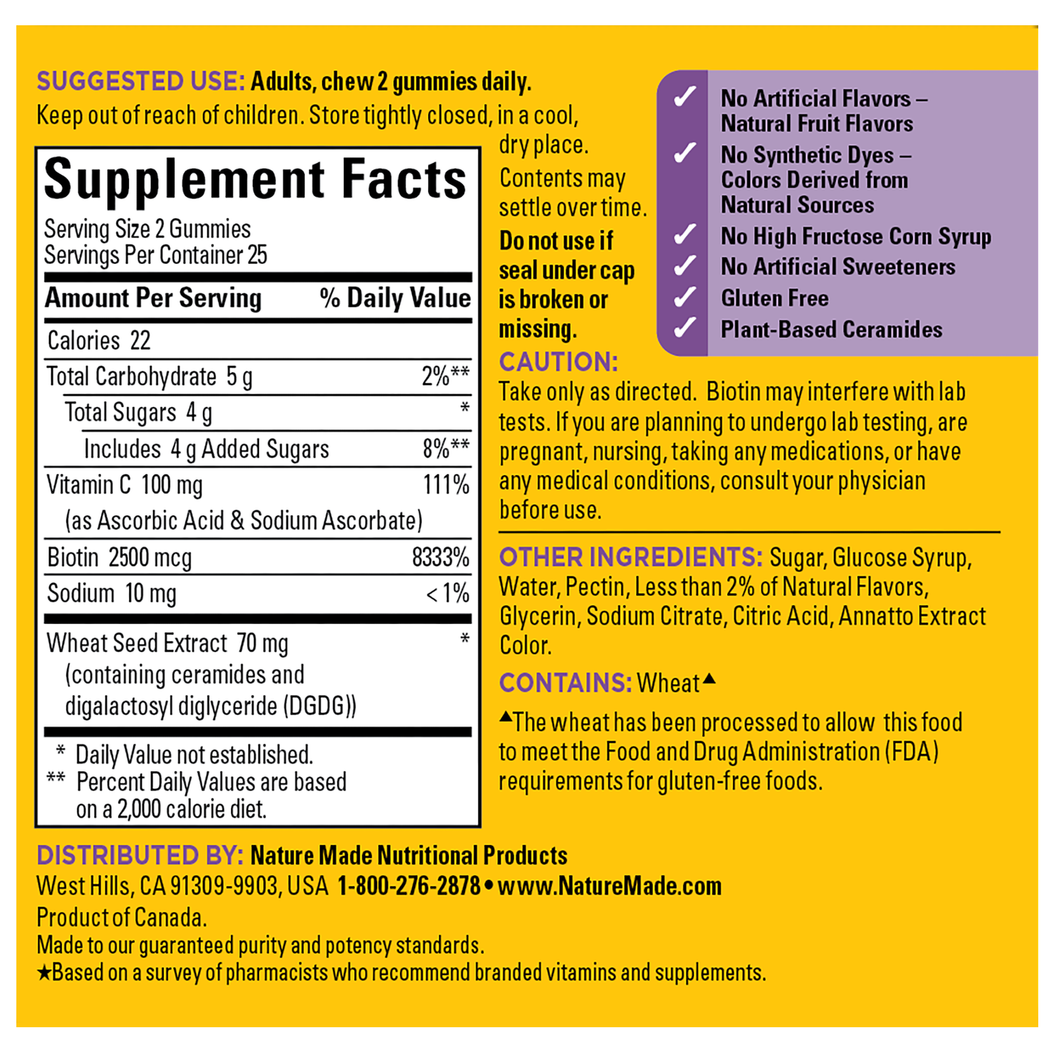 Skin Hydration + Ceramides Gummies | Nature Made Skin Hydration plus Ceramides Gummies Supplemental Facts Panel – 50 count