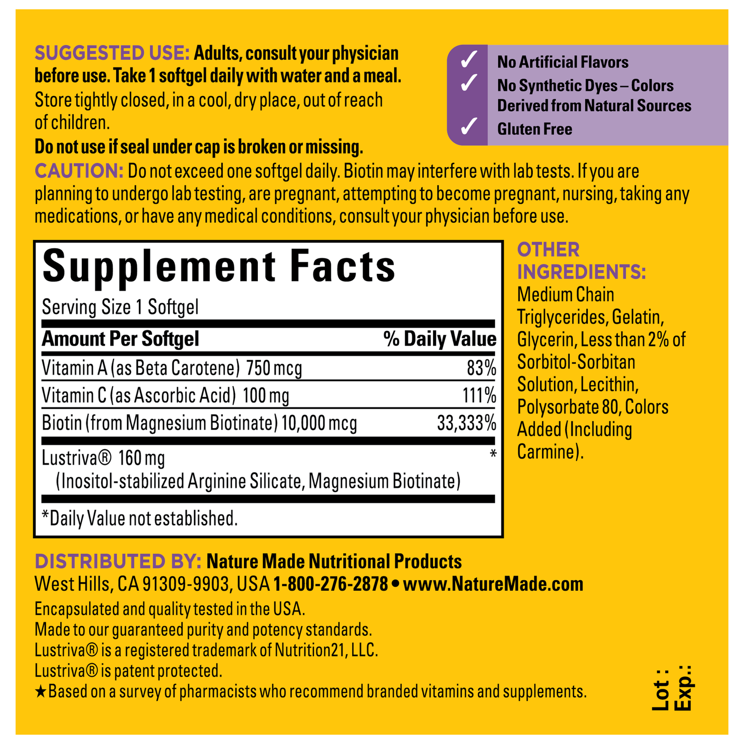 Hair Growth Lustriva® with Vitamin A & C Softgels | Nature Made Hair Growth Lustriva Softgels Supplement Facts Panel – 30 count