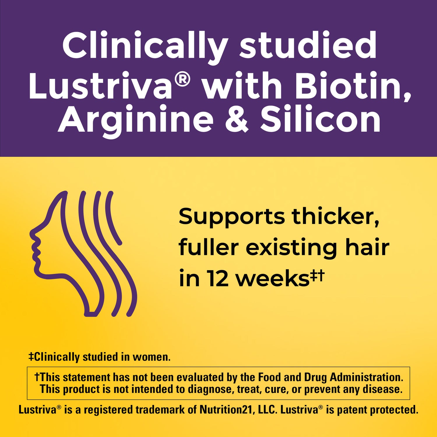 Hair Growth Lustriva® with Vitamin A & C Softgels | Lustriva with Biotin, Arginine, and Silicon. Clinically studied to support thicker, fuller existing hair in 12 weeks. Clinically studied in women. These statements have not been evaluated by the Food and Drug Administration. This product is not intended to diagnose, treat, cure, or prevent any disease.