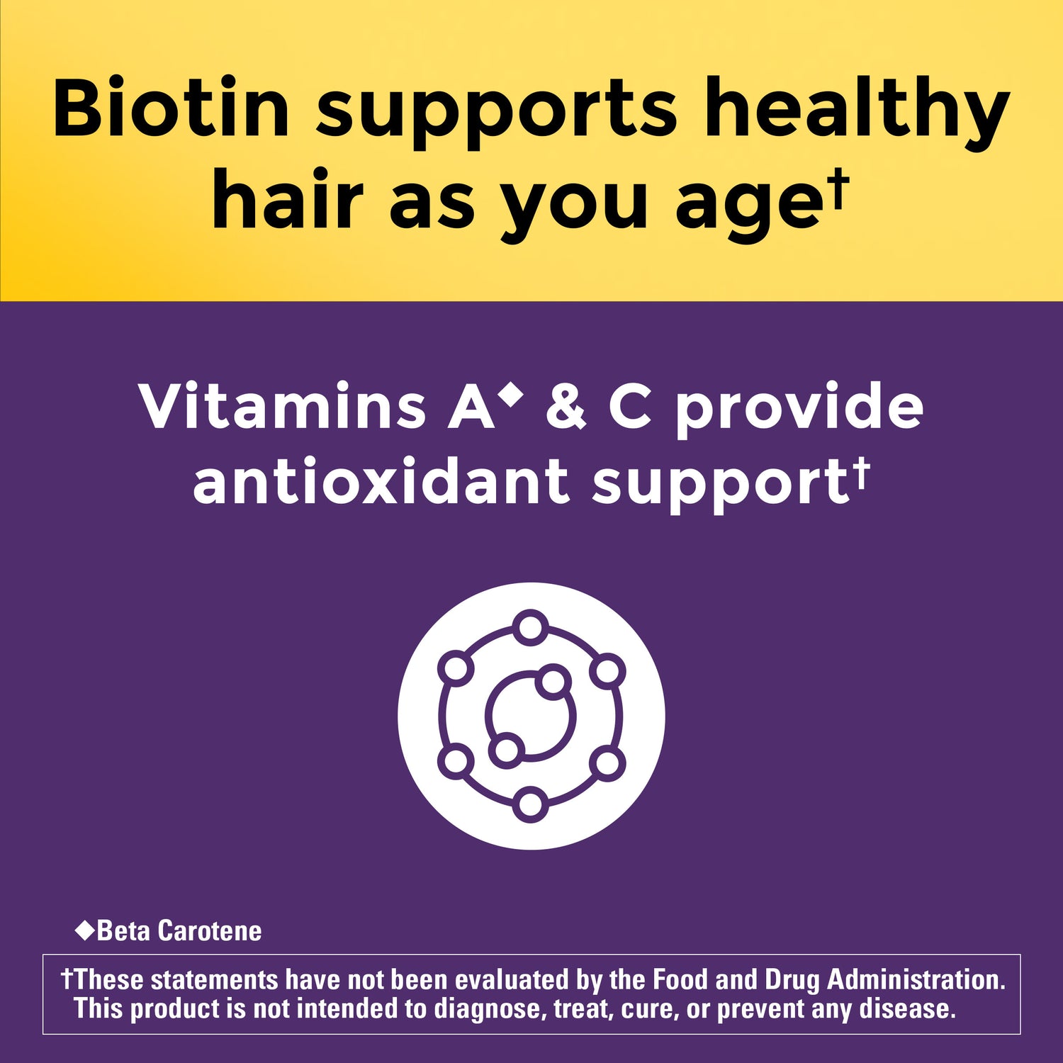 Hair Growth Lustriva® with Vitamin A & C Softgels | Biotin supports healthy hair as you age. Vitamin A (Beta Carotene) and Vitamin C provide antioxidant support. This statement has not been evaluated by the Food and Drug Administration. This product is not intended to diagnose, treat, cure, or prevent any disease.