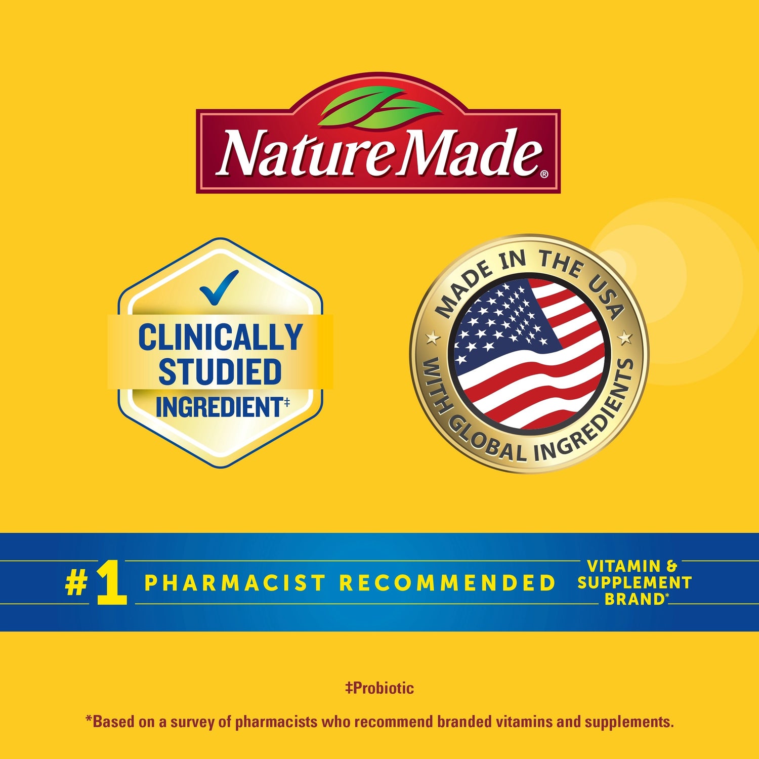 Probiotic + Prebiotic Fiber Gummies | Nature Made logo with clinically studied ingredient badge, USA-made global ingredients seal, and #1 pharmacist recommended supplement brand claim.