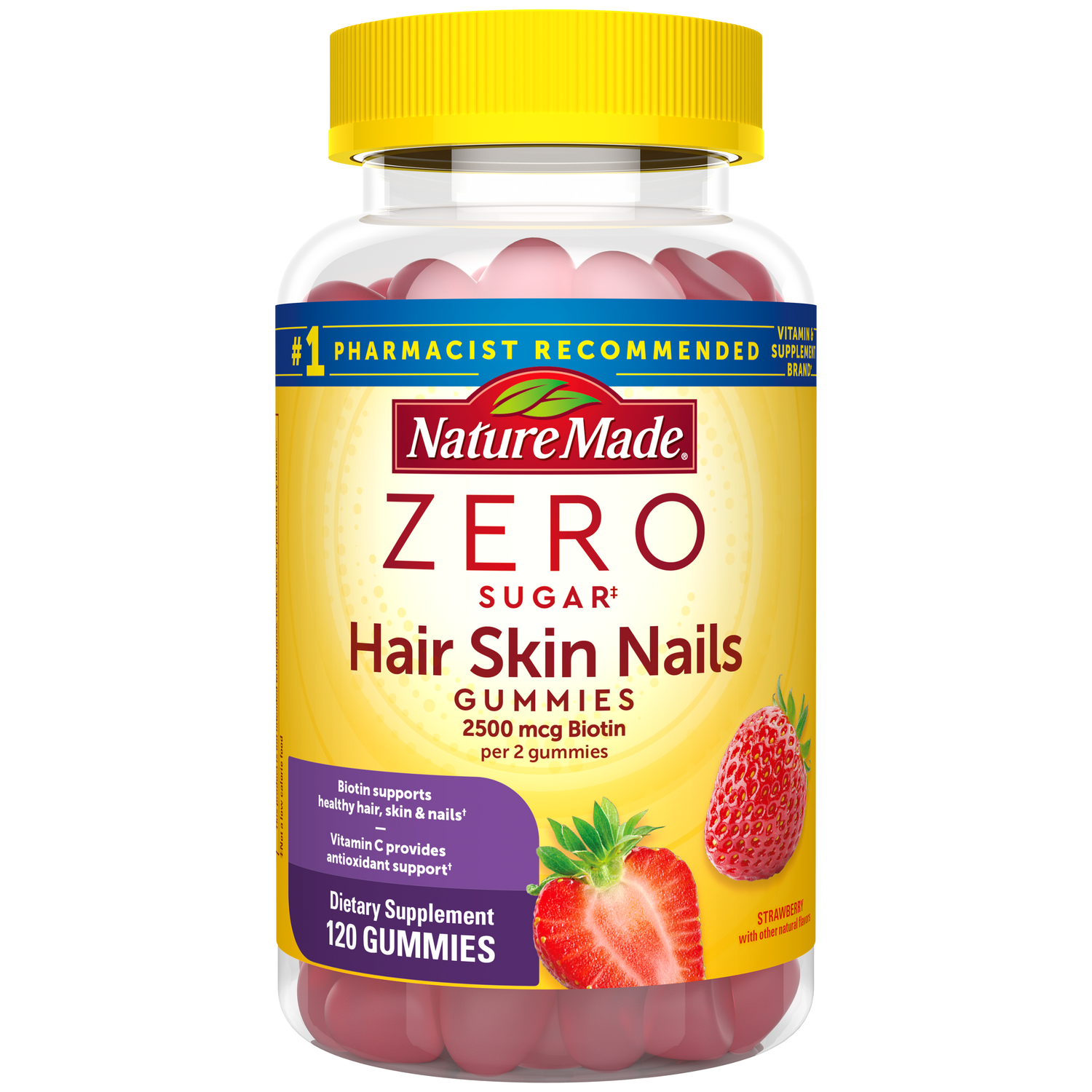 Zero Sugar‡ Hair Skin Nails Gummies | Nature Made Zero Sugar Hair Skin Nails Gummies 2500 mcg Biotin per 2 gummies Supplement - 120 count