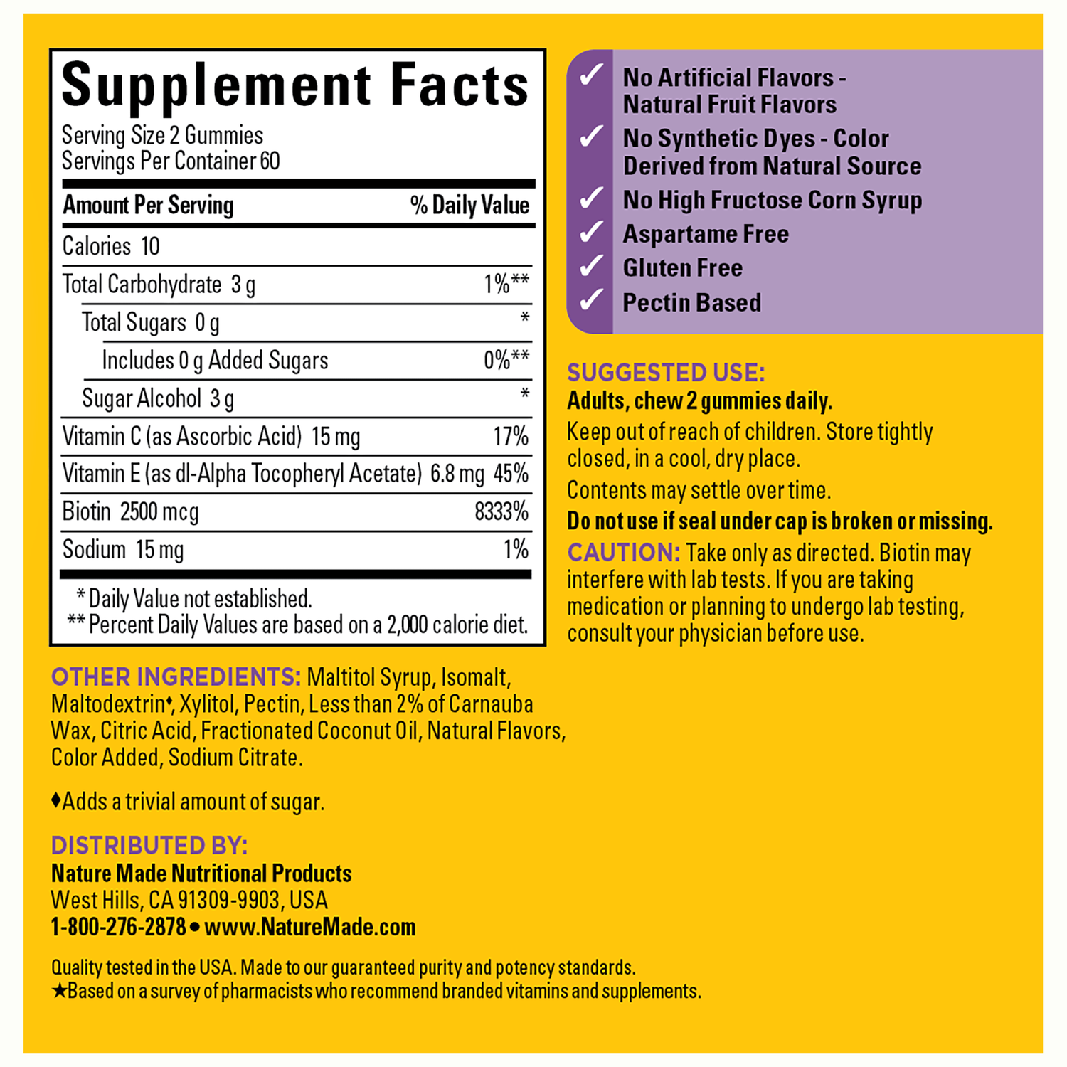 Zero Sugar‡ Hair Skin Nails Gummies | Nature Made  Zero Sugar Hair Skin Nails Gummies 2500 mcg Biotin per 2 gummies Supplemental Facts Panel - 120 count