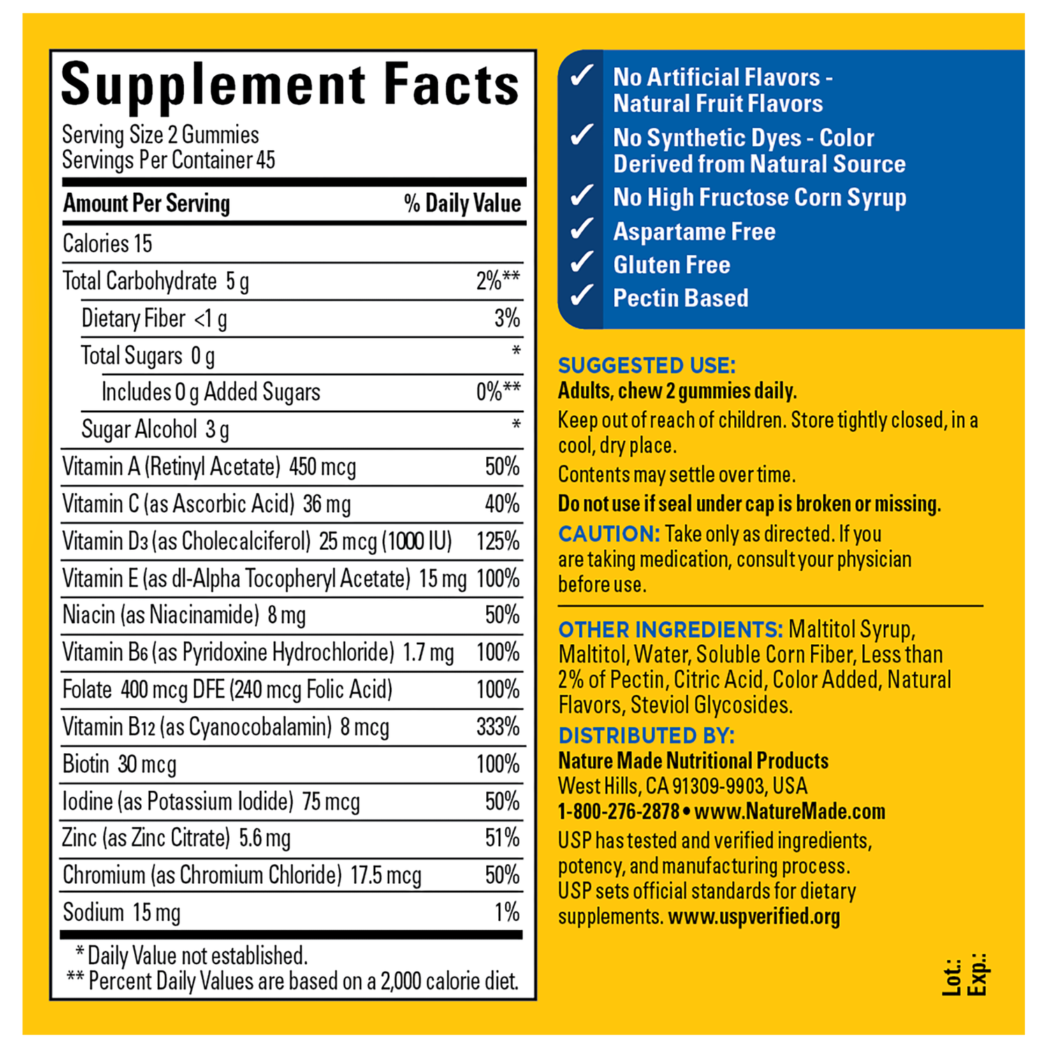 Zero Sugar‡ Men's Multivitamin Gummies | Supplement Facts panel for Nature Made Zero Sugar Multivitamin Men's gummies.