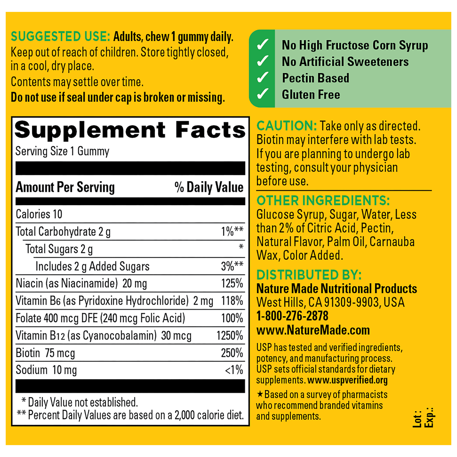 B-Complex Gummies | Back label of Nature Made B‑Complex Gummies with Supplement Facts, suggested use, cautions, and ingredient list on a yellow background