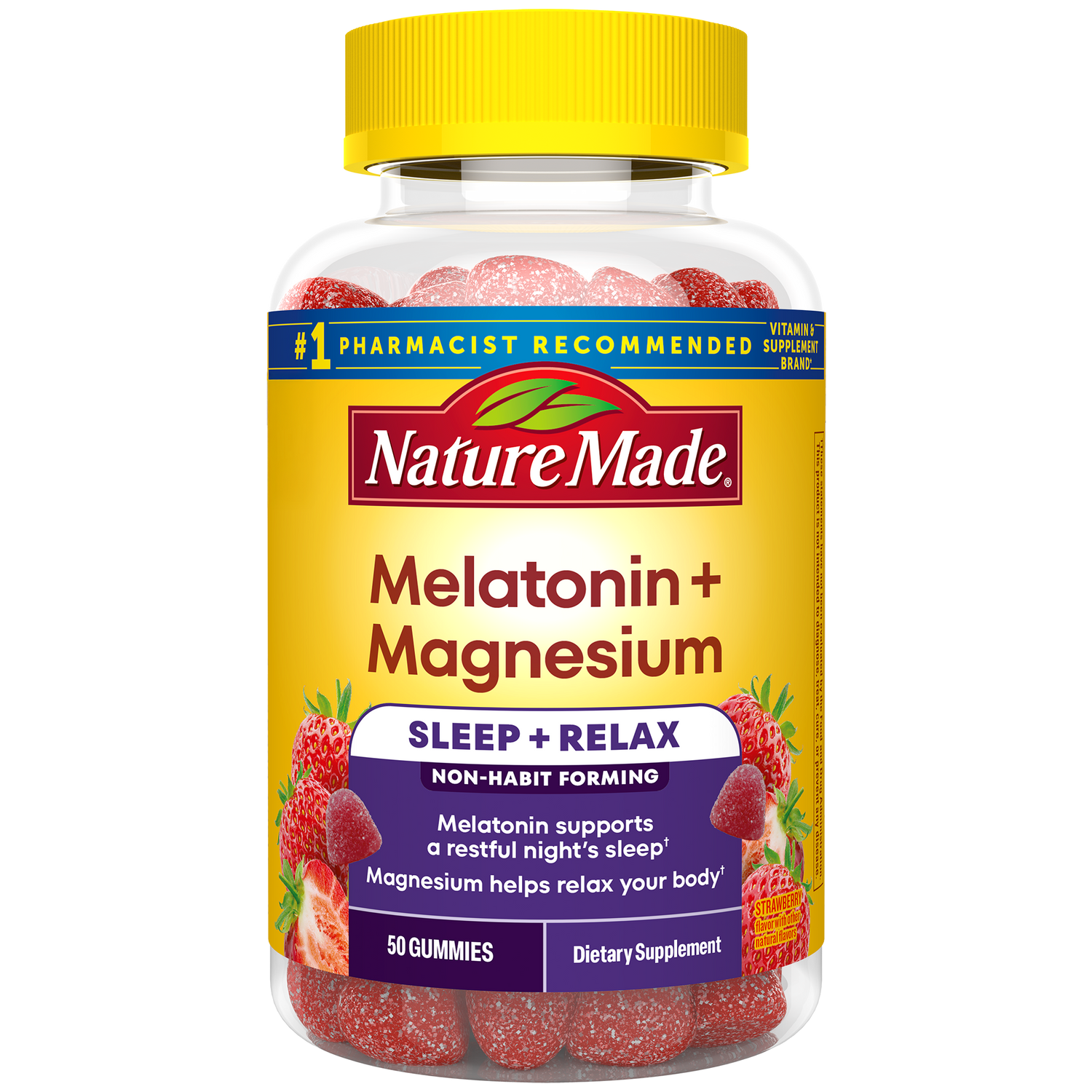 Melatonin 3 mg + Magnesium 100 mg Sleep and Relax Gummies | Nature Made Melatonin + Magnesium gummy supplement bottle.
