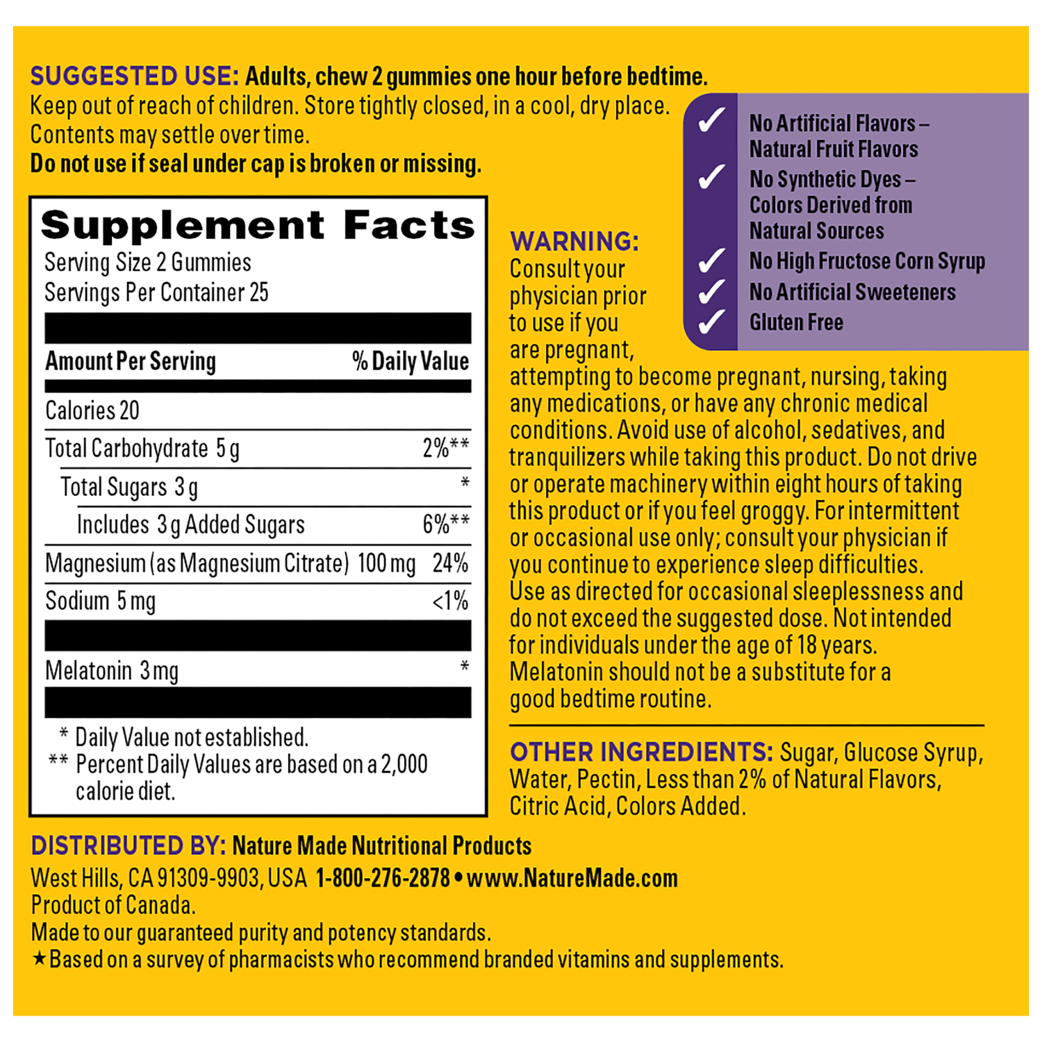 Melatonin 3 mg + Magnesium 100 mg Sleep and Relax Gummies | Back label of Nature Made Melatonin + Magnesium Gummies with Supplement Facts, suggested use, warnings, ingredient list, and quality icons.