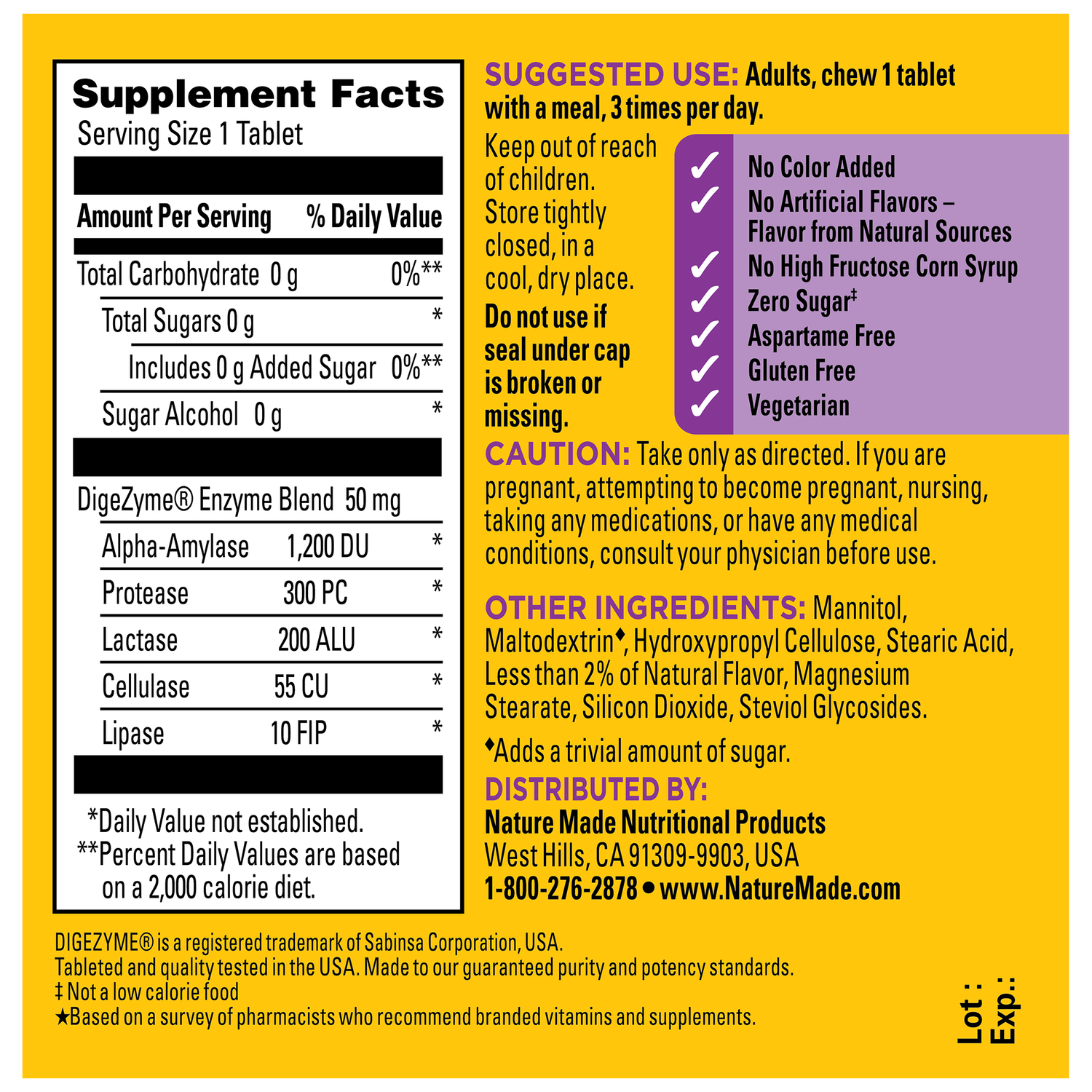 Digestive Enzymes 5-in-1 Blend Chewable Tablets | Back label of digestive enzyme chewable tablets with supplement facts, suggested use, and ingredient details.