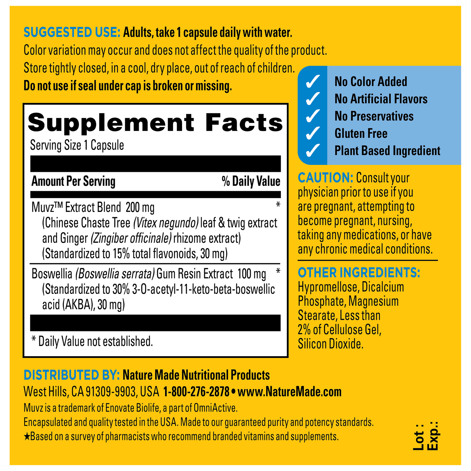 3-In-1 Joint Comfort Capsules | Supplement Facts panel for Nature Made Joint Comfort capsules with detailed information on ingredients, usage, and distribution details.
