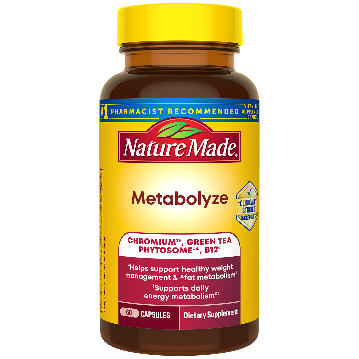 Metabolyze Capsules With Chromium, Green Tea Phytosome & B12 | Nature Made Metabolyze dietary supplement bottle.