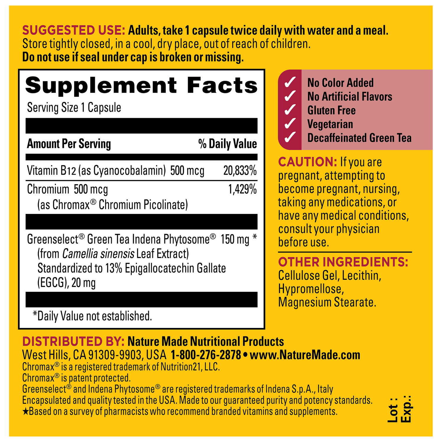 Metabolyze Capsules With Chromium, Green Tea Phytosome & B12 | Back label of Nature Made Metabolize capsules with Supplement Facts, suggested use, warnings, and ingredient list.