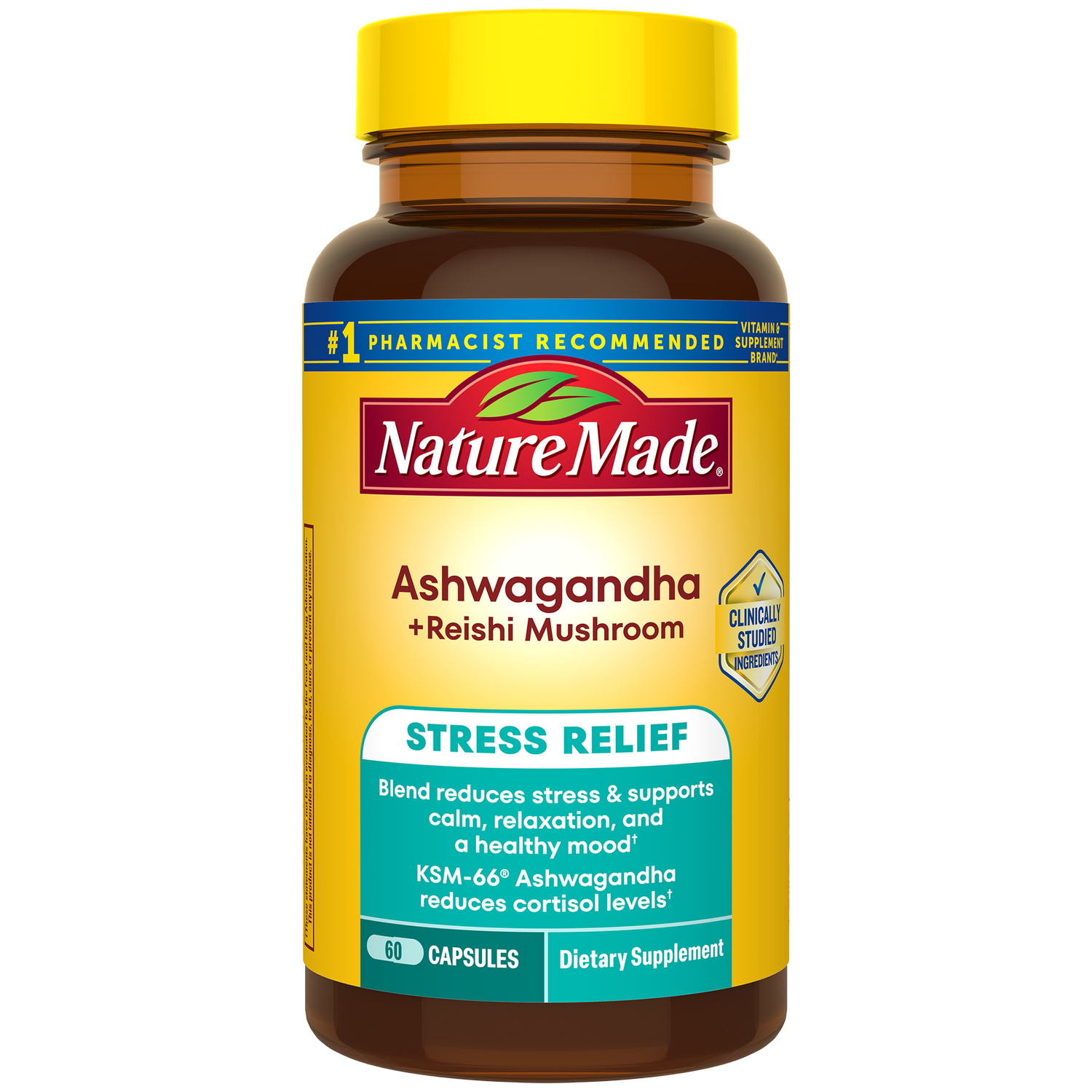 Ashwagandha + Reishi Mushroom Capsules | Nature Made Ashwagandha + Reishi Mushroom supplement bottle.