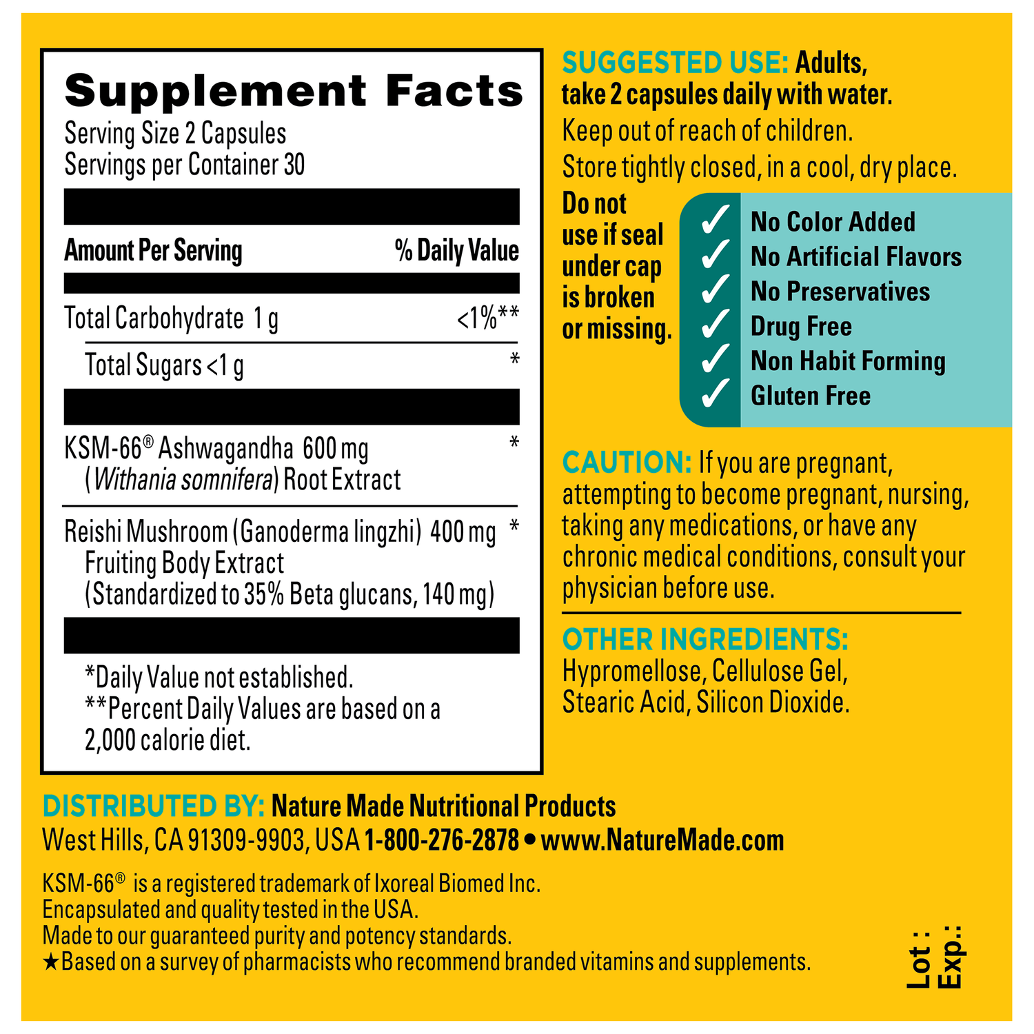Ashwagandha + Reishi Mushroom Capsules | Back label of ashwagandha and reishi mushroom capsules with supplement facts, suggested use, and ingredient list.
