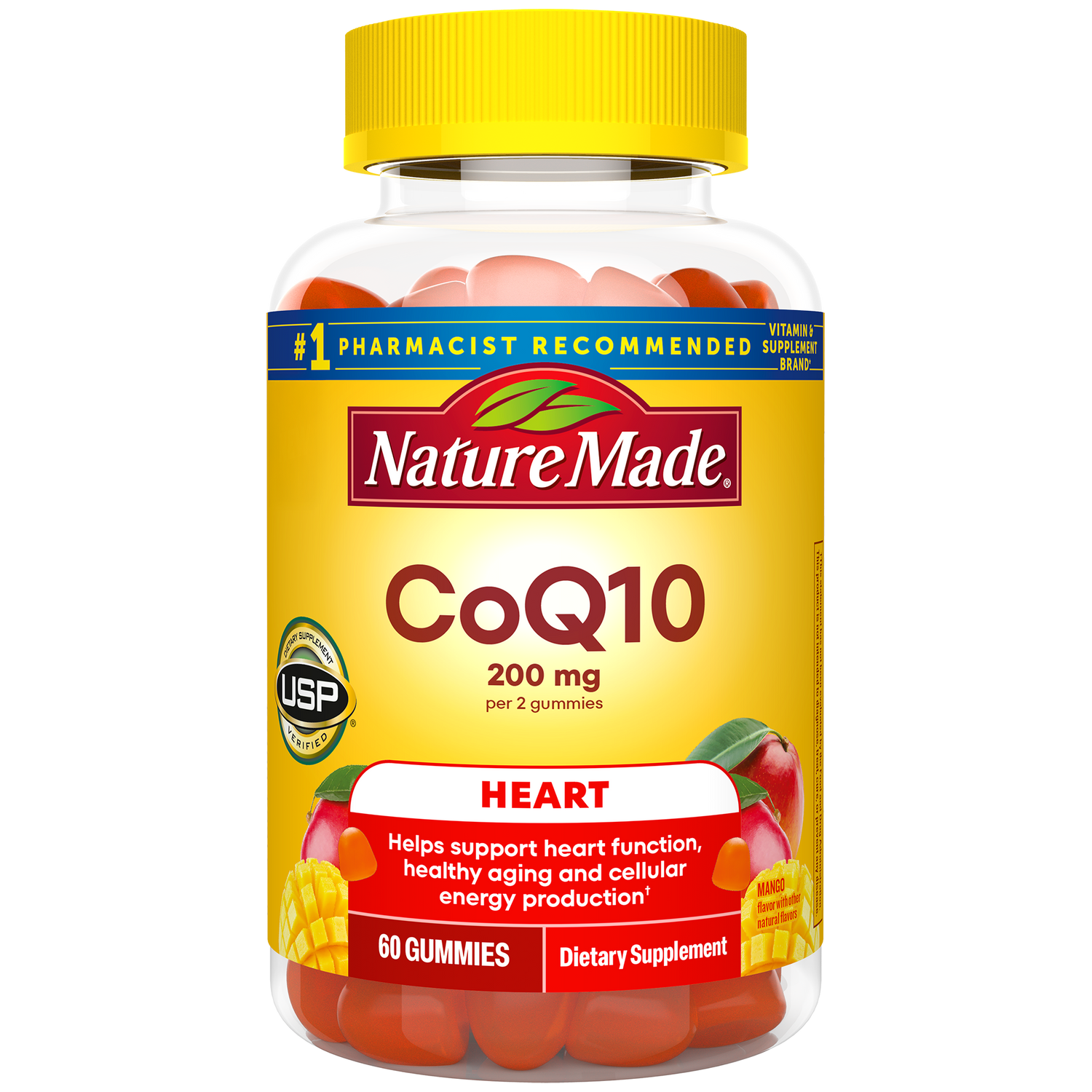 CoQ10 Gummies 200 mg Per Serving | Nature Made CoQ10 supplement bottle with yellow cap and label on a white background