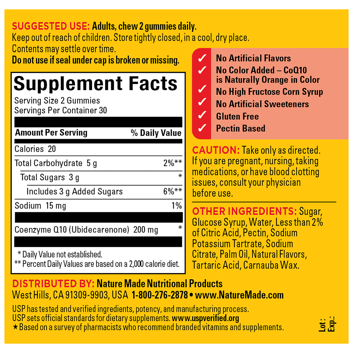 CoQ10 Gummies 200 mg Per Serving | Back label of Nature Made CoQ10 Gummies with Supplement Facts, suggested use, cautions, and ingredient list on a yellow background