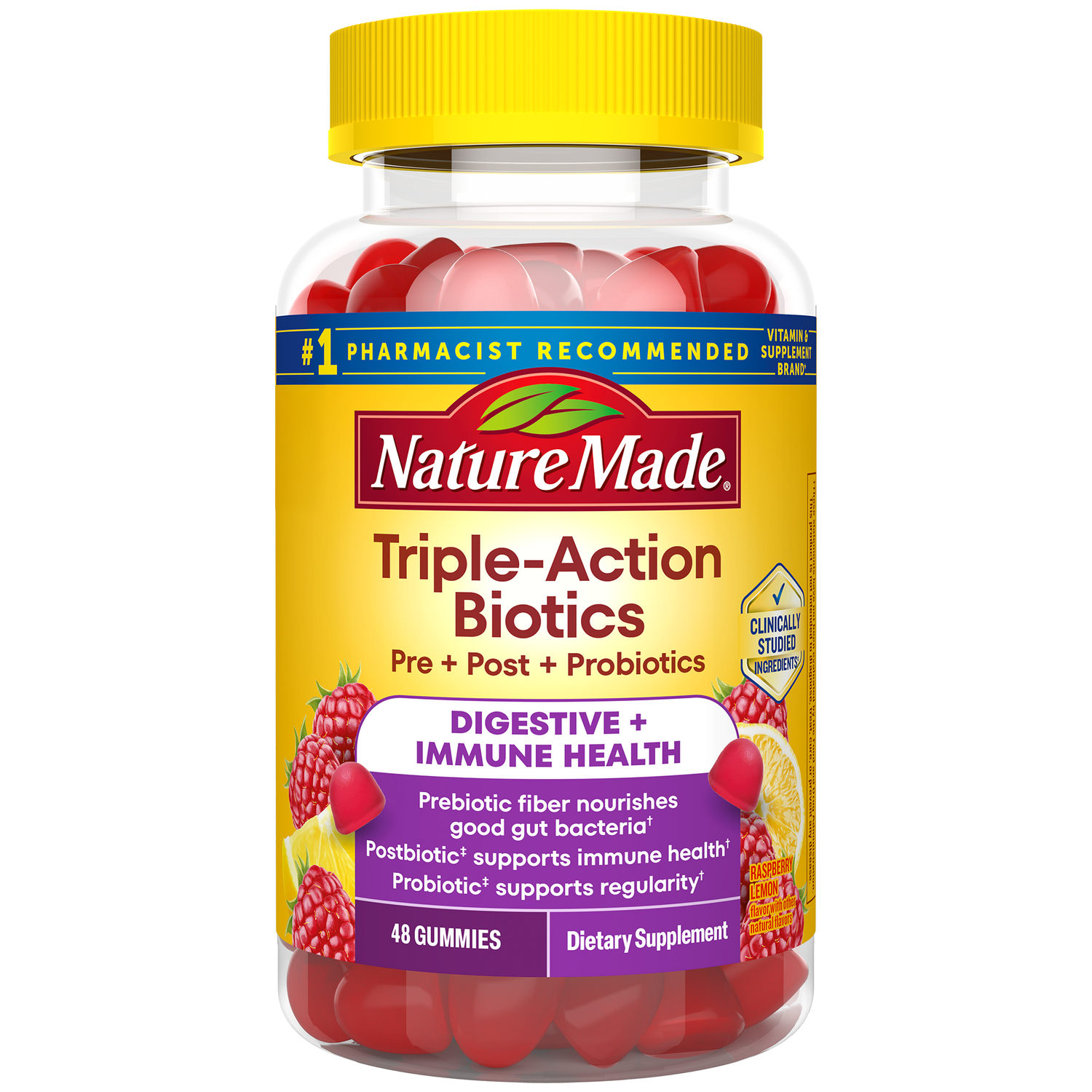 Triple-Action Biotic Gummies | Nature Made Triple-Action Biotics bottle with gummy vitamins.
