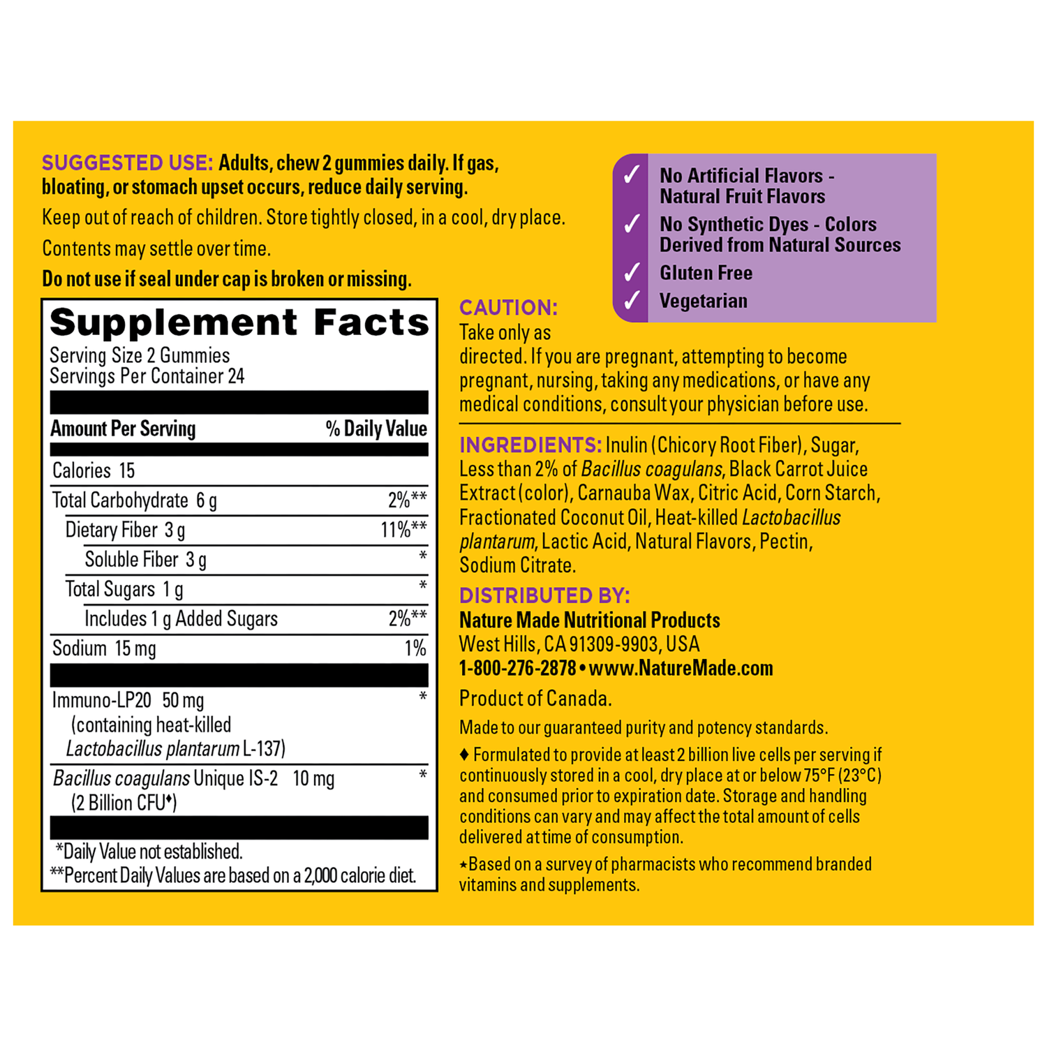 Triple-Action Biotic Gummies | Supplement Facts panel for triple action probiotic gummies with fiber, probiotic strains, and nutrition details.