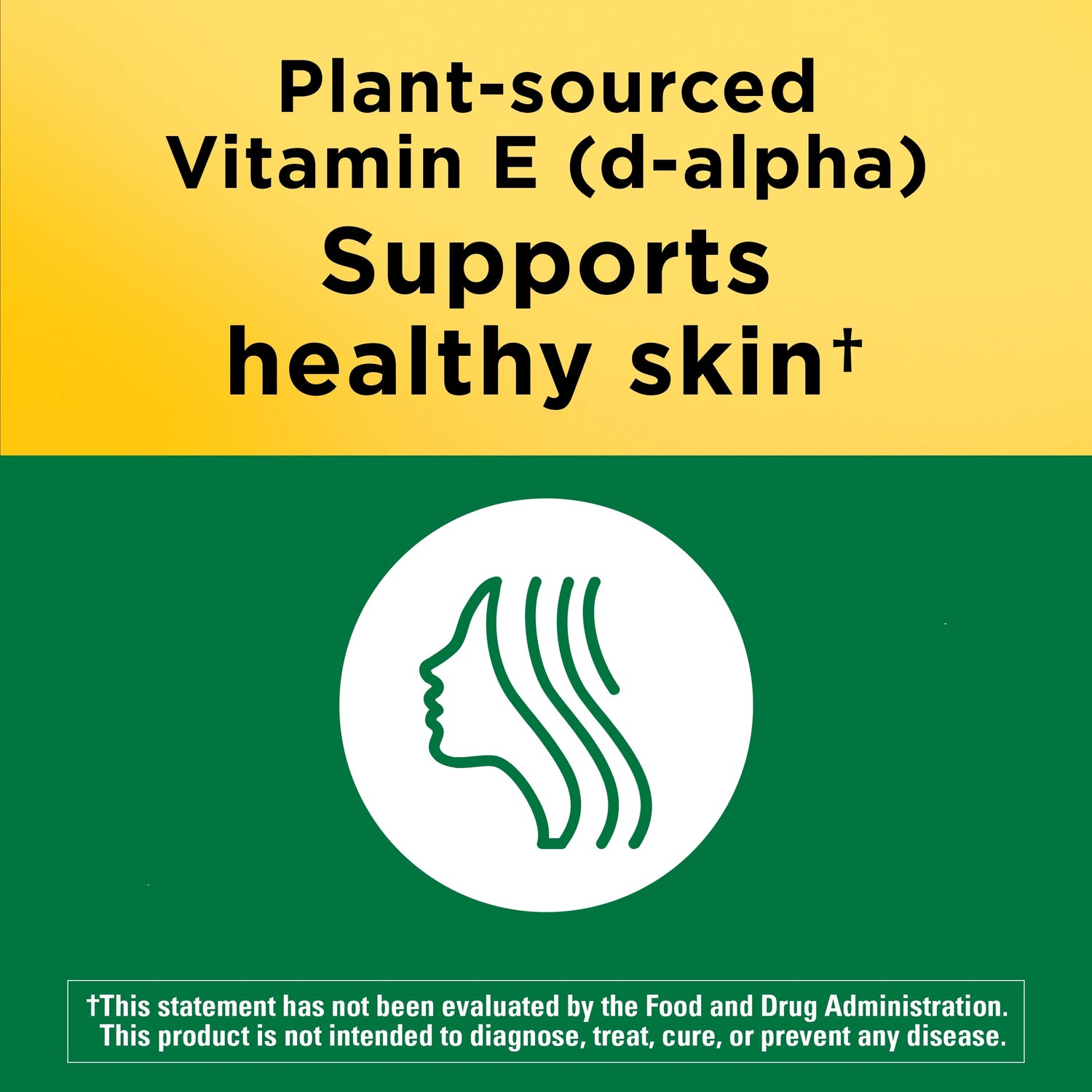Vitamin E 400 IU (267 mg) d-Alpha Softgels | Plant-sourced Vitamin E (d-alpha) supports healthy skin text on a yellow and green background.