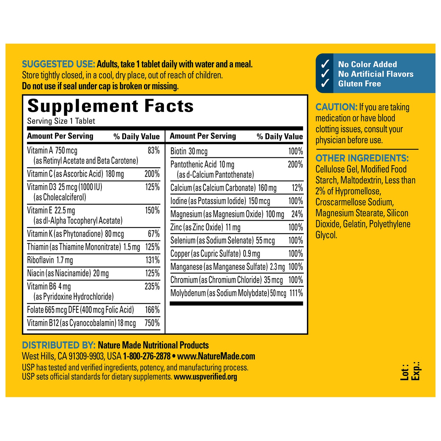 Men's Multivitamin Tablets | Nature Made Men's Multivitamin Tablets supplement facts label with detailed nutritional information on a yellow background