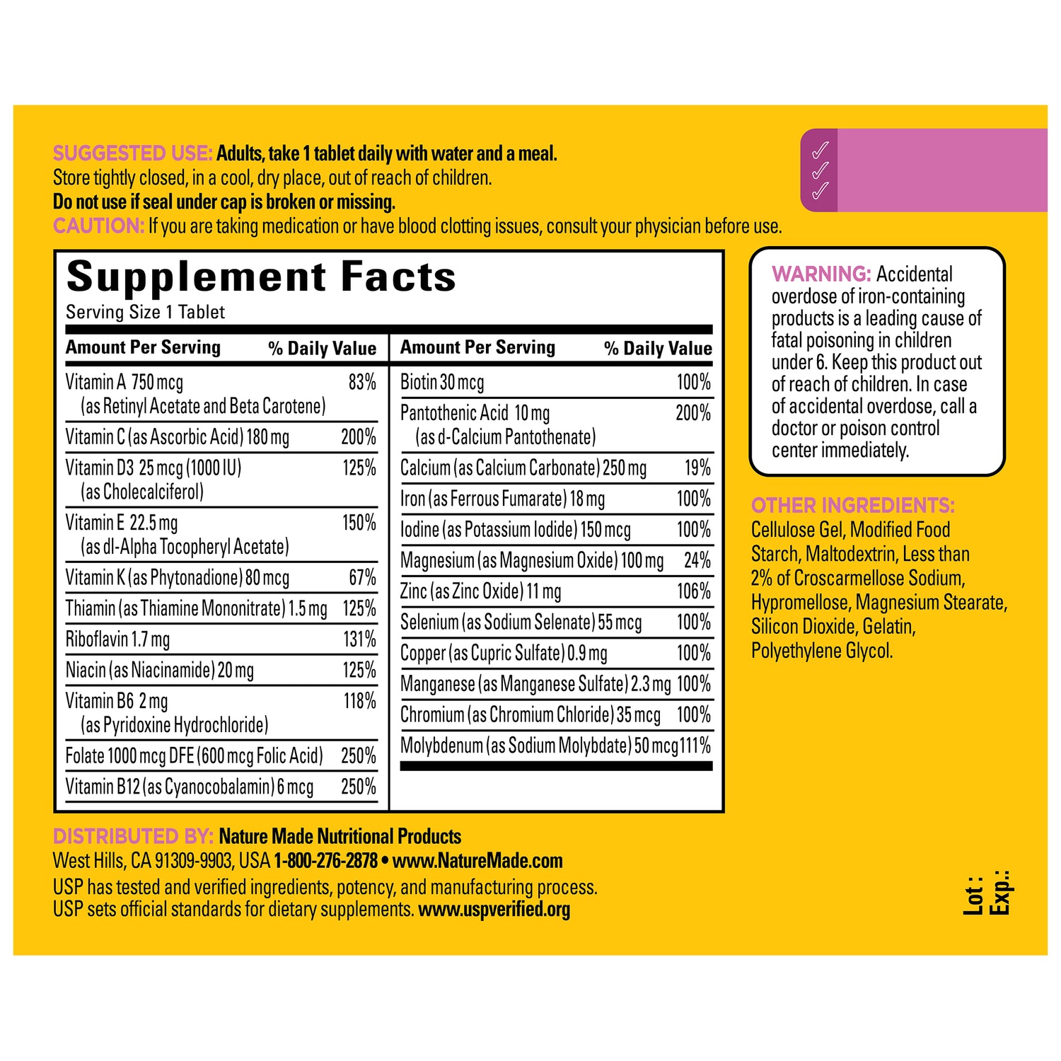 Women's Multivitamin Tablets | Women's Multivitamin Tablets supplement facts label with detailed nutritional information on a yellow background