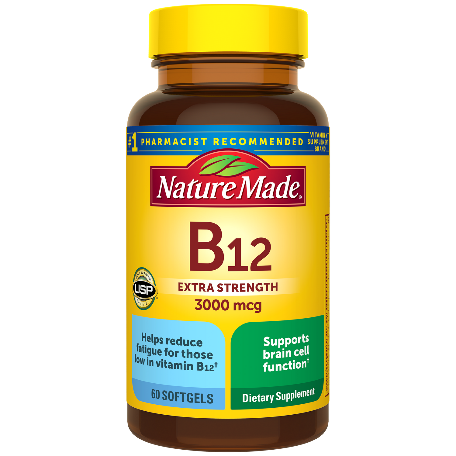 Vitamin B12 Extra Strength 3000 mcg Softgels | A bottle of Nature Made Vitamin B12 Extra Strength 3000 mcg Softgels with 90 softgels, with yellow and green label.