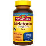 Nature Made Melatonin Extra Strength 5 mg Tablets supplement bottle on a white background