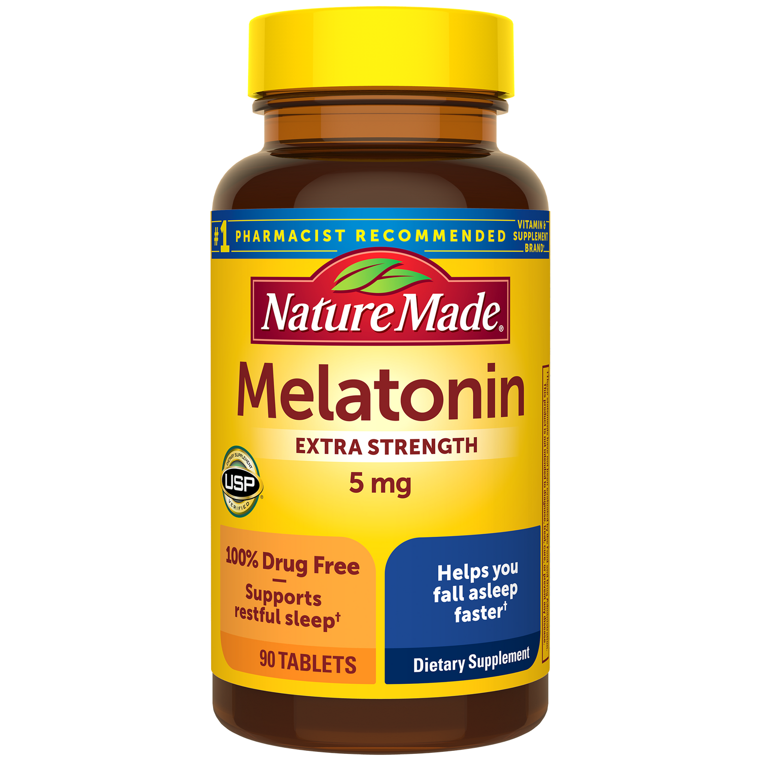 Melatonin 5 mg Tablets | Nature Made Melatonin Extra Strength 5 mg Tablets supplement bottle on a white background