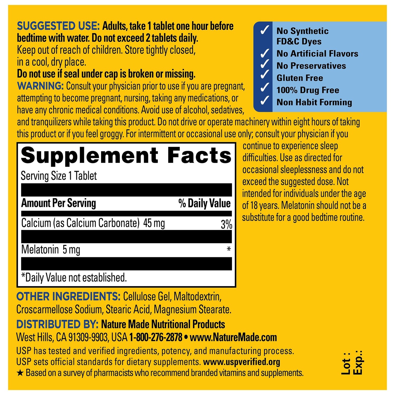 Melatonin 5 mg Tablets | Nature Made Melatonin Extra Strength 5 mg Tablets  supplement facts panel label with text and supplement facts on a yellow background
