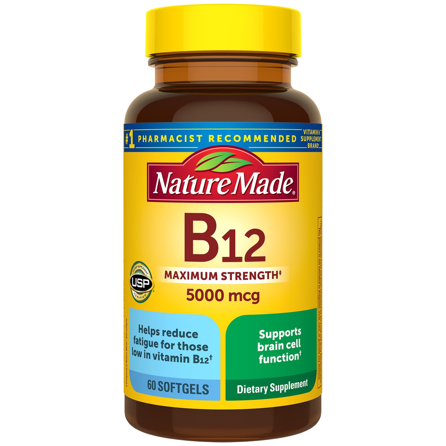 Vitamin B12 Maximum Strength 5000 mcg Softgels | Vitamin B12 Maximum Strength 5000 mcg Softgels dietary supplement bottle with yellow cap and label on a white background