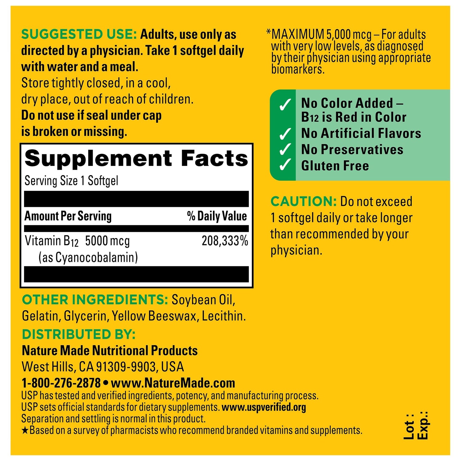 Vitamin B12 Maximum Strength 5000 mcg Softgels | Vitamin B12 Maximum Strength 5000 mcg Softgels Supplement facts panel label with vitamin B12 information on a yellow background