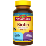 Nature Made Biotin 2500 mcg supplement bottle with Supports healthy hair skin and nails text with a yellow cap.